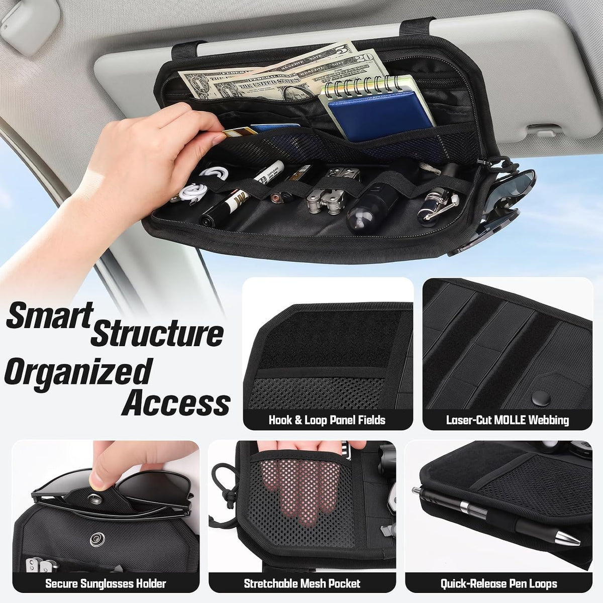 Car Sun Visor Organizer with Sunglasses Holder, 1000D Polyester