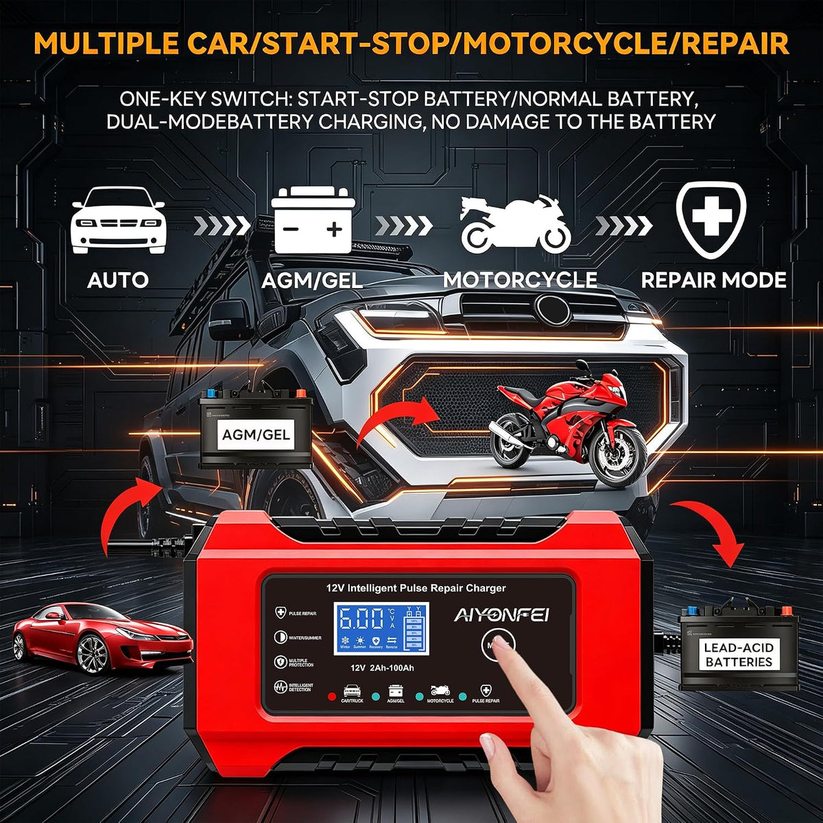 6A 12V Car Battery Charger Smart Maintainer Trickle Charger, Red