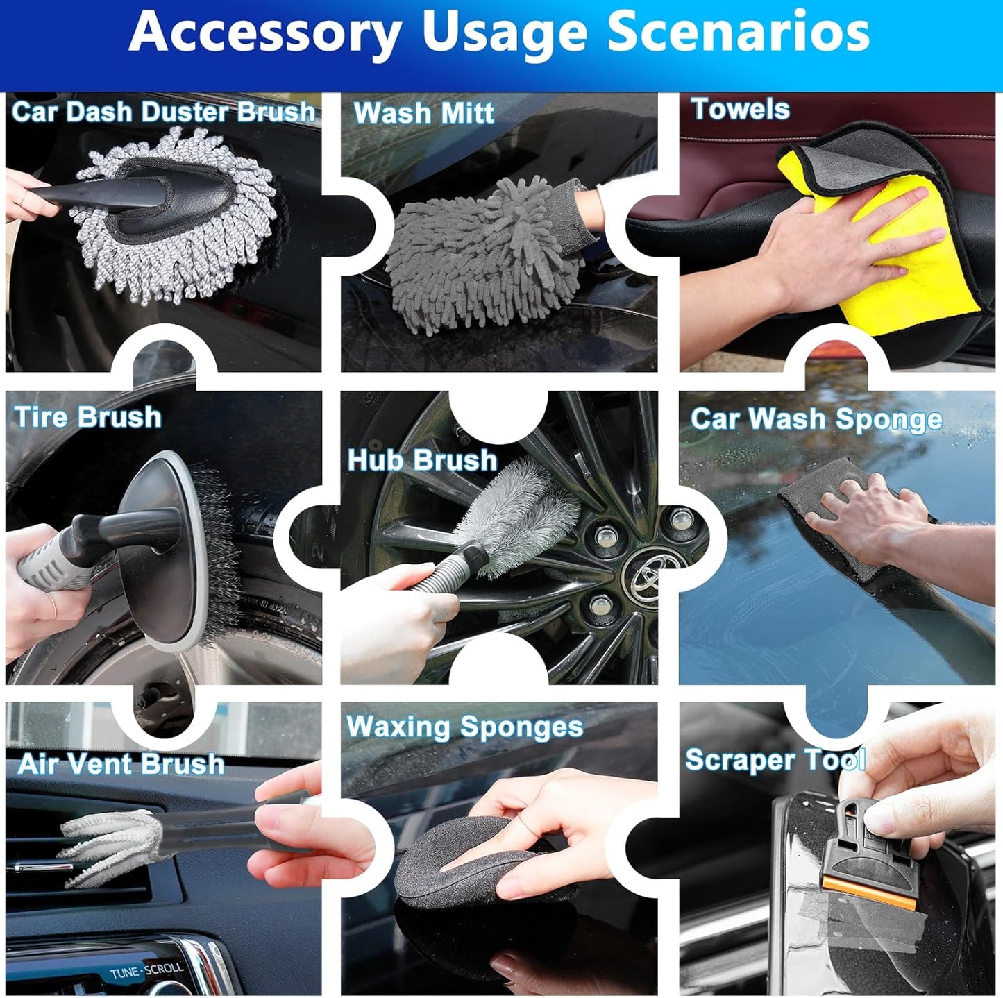 THINKWORK Car Wash Kit, 62'' Car Washing Brush with Long Handle, Extendable Car Wash Brush Mop with 2-in-1 Windshield Squeegee and 9Pcs Detailing Brushes, Gray Car Detailing Kit Gift for Men