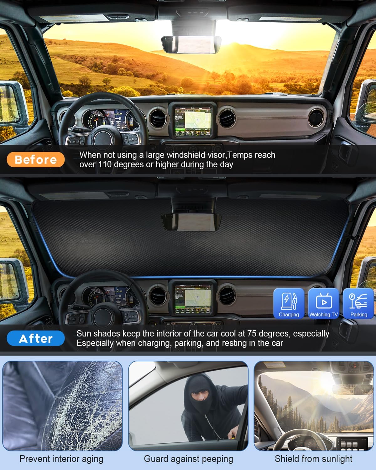 Windshield Sun Shade for Jeep Wrangler TJ JK JL & Gladiator JT 2/4 Door | No Pattern Sunshade | UV Blocking Sunshade for Jeep Wrangler Heat Shield Accessories