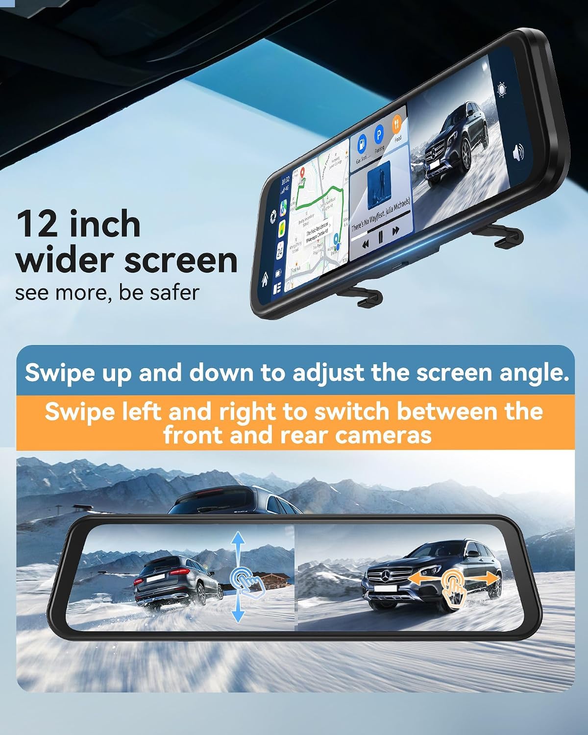 4K Rear View Mirror Camera with Carplay&Android Auto 12" Mirror Dash Cam