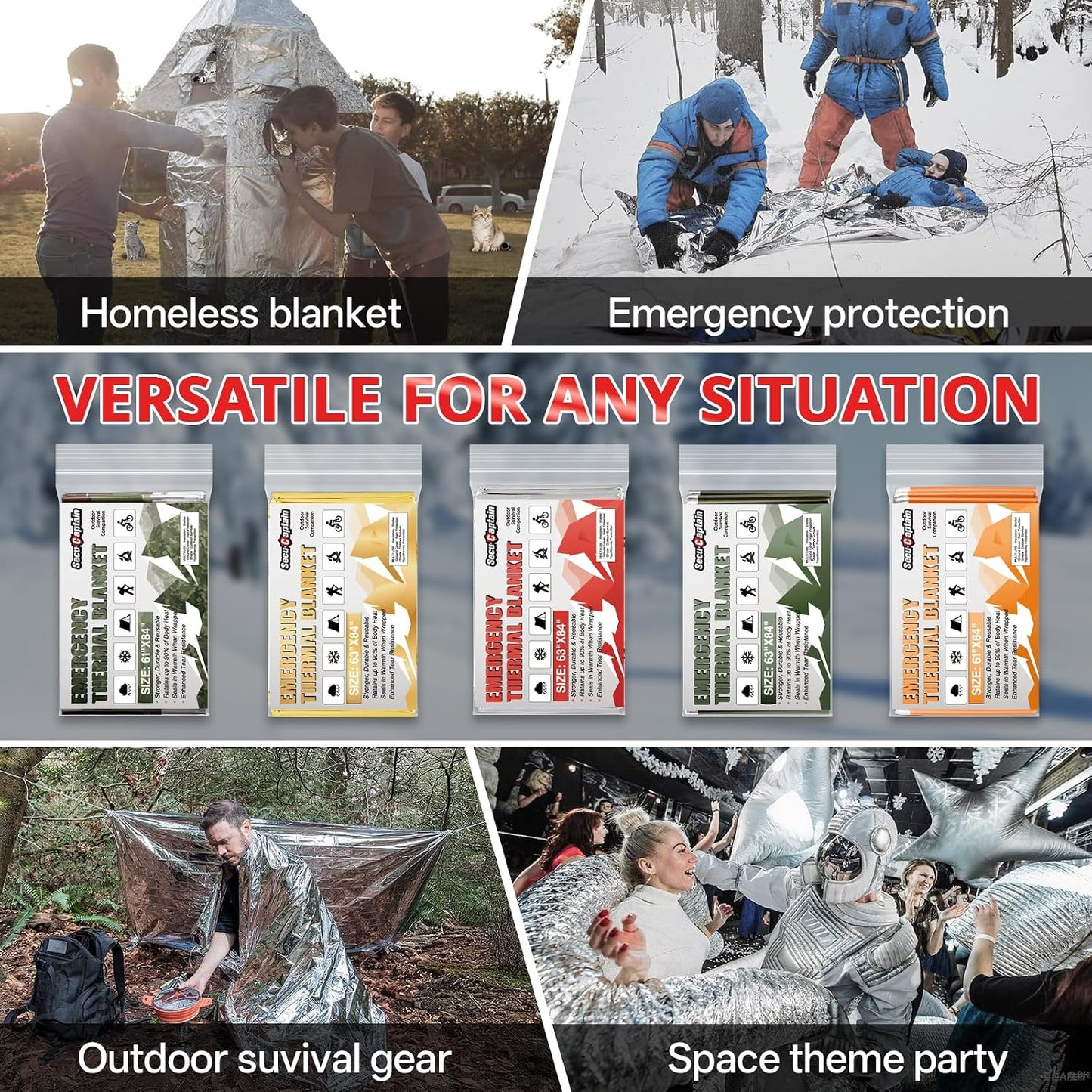 SecuCaptain Survival Emergency Thermal Blankets: 4/10/25/30/50/75/100 PCS Extra Large 84” x63” Space Mylar Blanket Kit for Outdoor Cold Winter Camping Hiking Car Bug Out Bag or First Aid