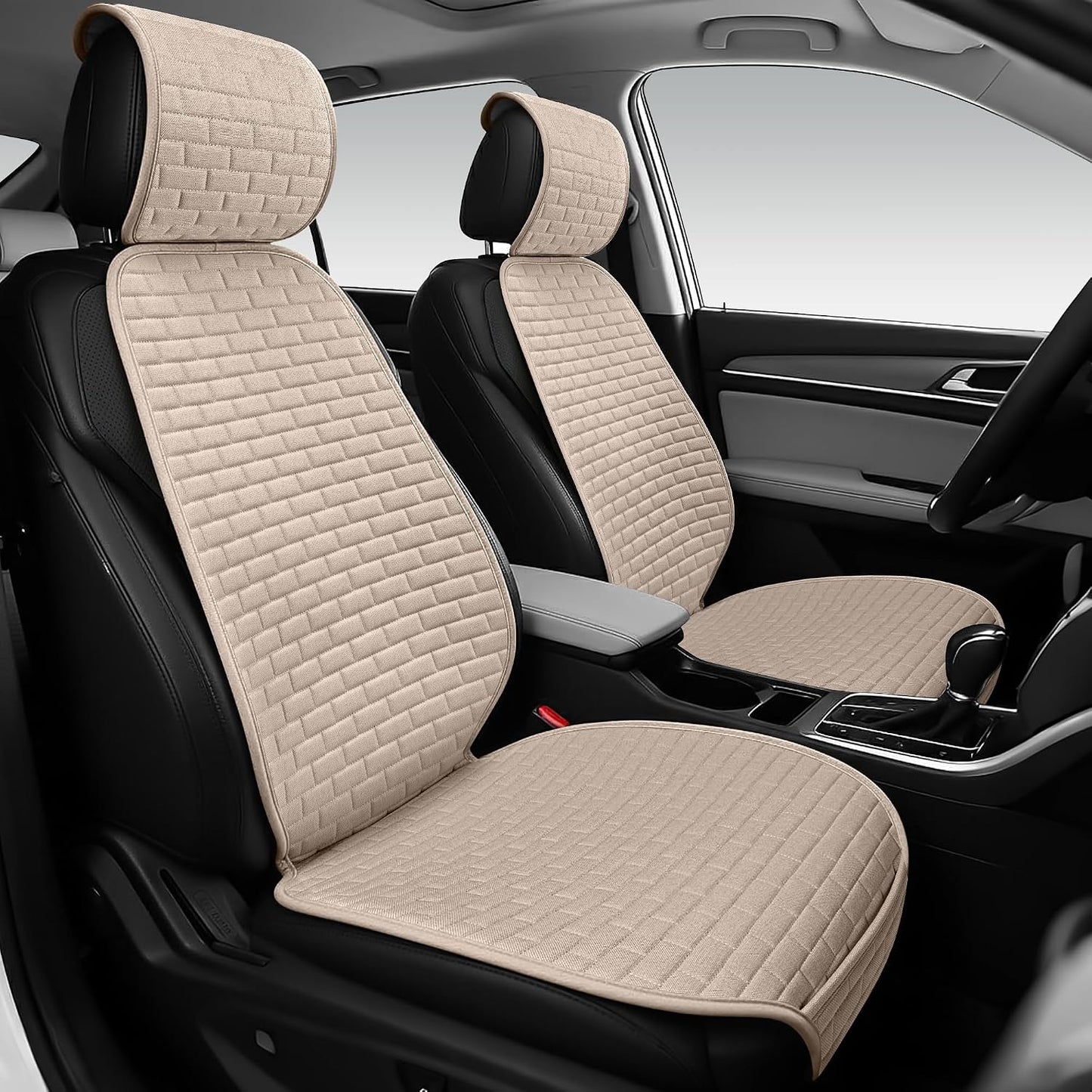 Linen Car Seat Covers Front Seat Covers - 2 PCS Durable & Non-Slip Breathable Cloth Fabric Car Seat Protector, Universal Fit for Most Automotive, Vans, SUVs, Trucks - Beige