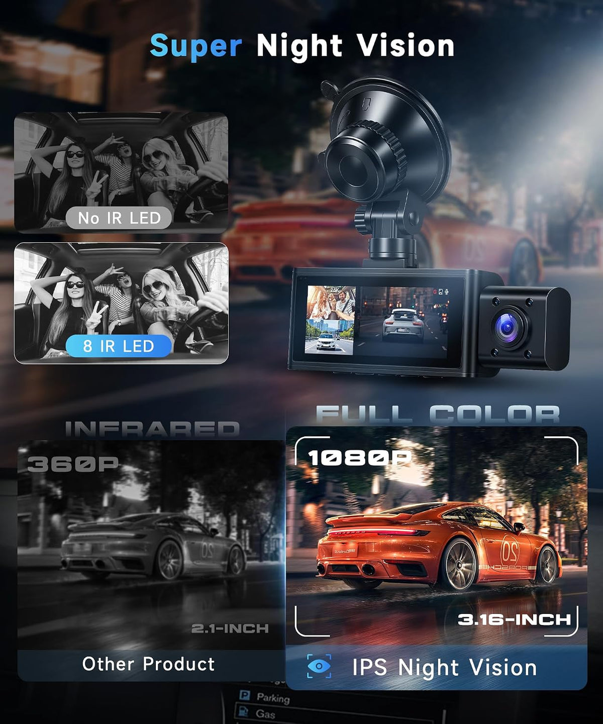 3 Channel Dash Cam 360° Front and Rear Inside, 2.5K Car Camera Recorder, 3.16 Inch Screen with WiFi GPS, Low-Light Night Vision, G-Sensor, 24/7 Time-Lapse Parking Loop Recording