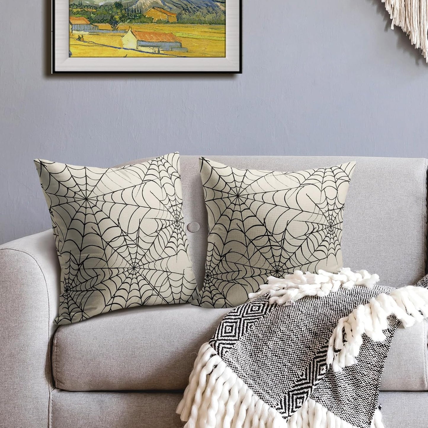 Robvobe Cream Halloween Spiderweb Pillow Covers 18x18 Set of 2 Black Web Outdoor Decorative Throw Pillows Halloween Scary Themed Farmhouse Pillowcases Linen Cushion Case Decor for Home Sofa Couch Bed