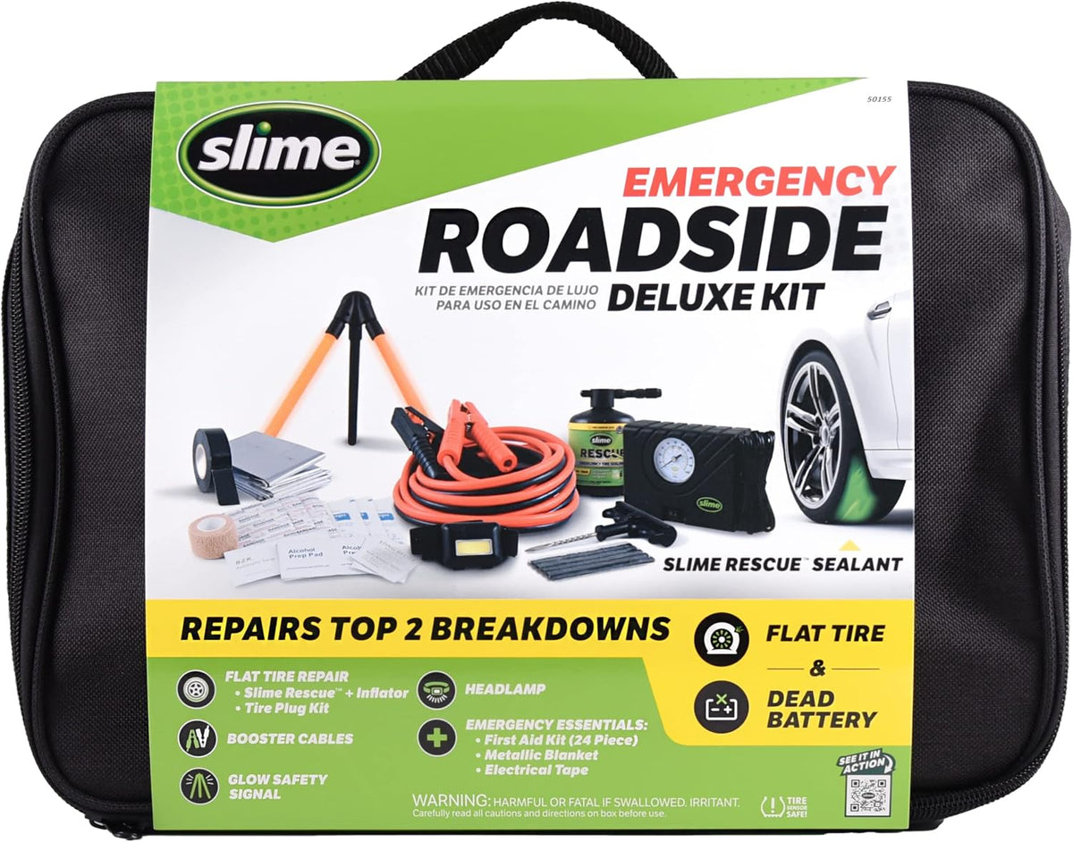 Slime 50155 Deluxe Emergency Roadside Kit with Flat tire Repair and Booster Cables for Compact Cars, Standard Cars and Crossovers