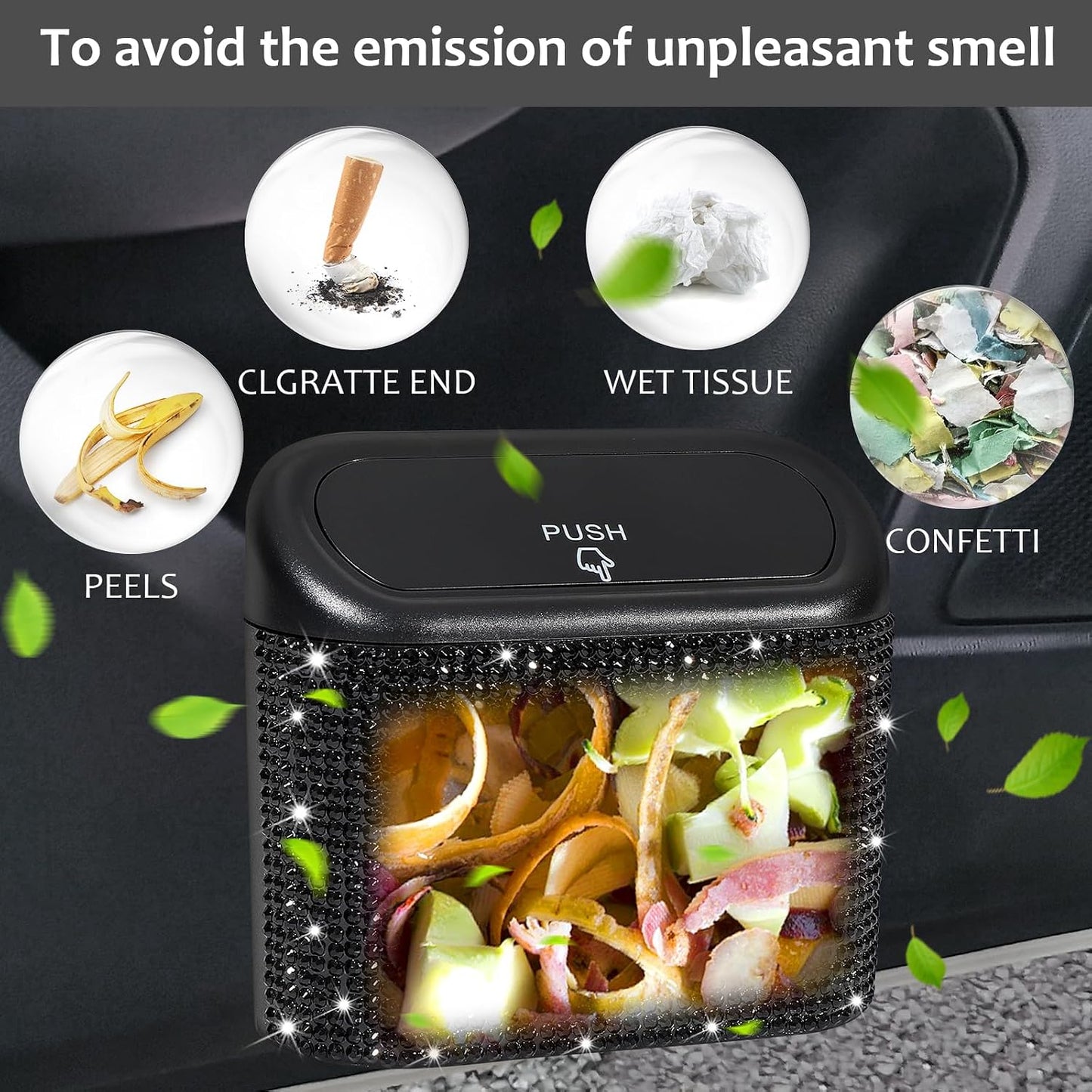 Accmor 2 Pack Bling Car Trash Can with Lid, Small Garbage Can, Auto Garbage Storage Bin with 90pcs Garbage Bags, Sparkling Crystal Trash Bags Holder for Car, Home, Office Storage (Black Rhinestone)