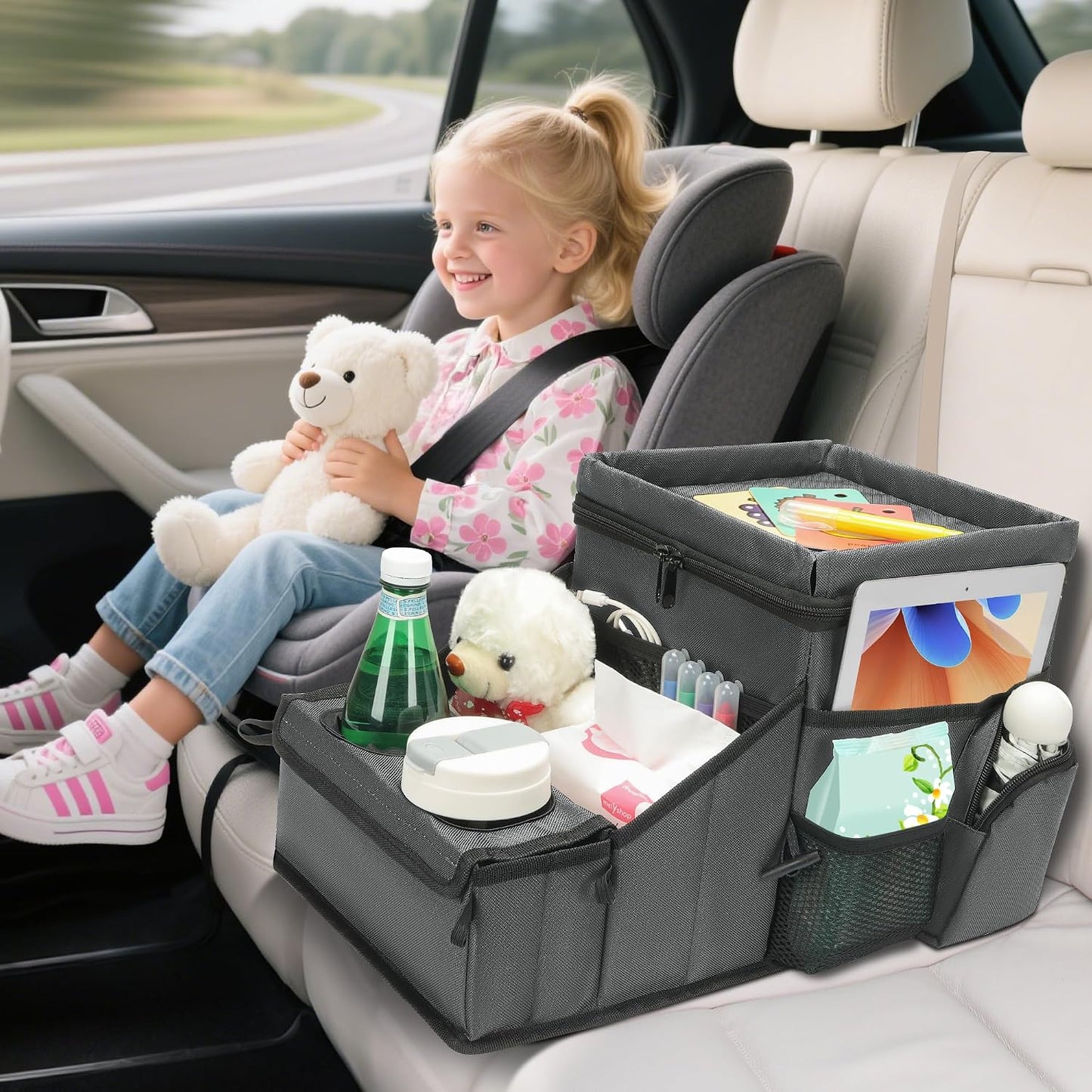 Backseat Organizer for Kids & Adults – Car Seat Cooler Warmer with 2-in-1 Writing Tray, Cup Holders & 11 Storage Compartments | Road Trip Car Organizer for Front & Back Seat (Grey)