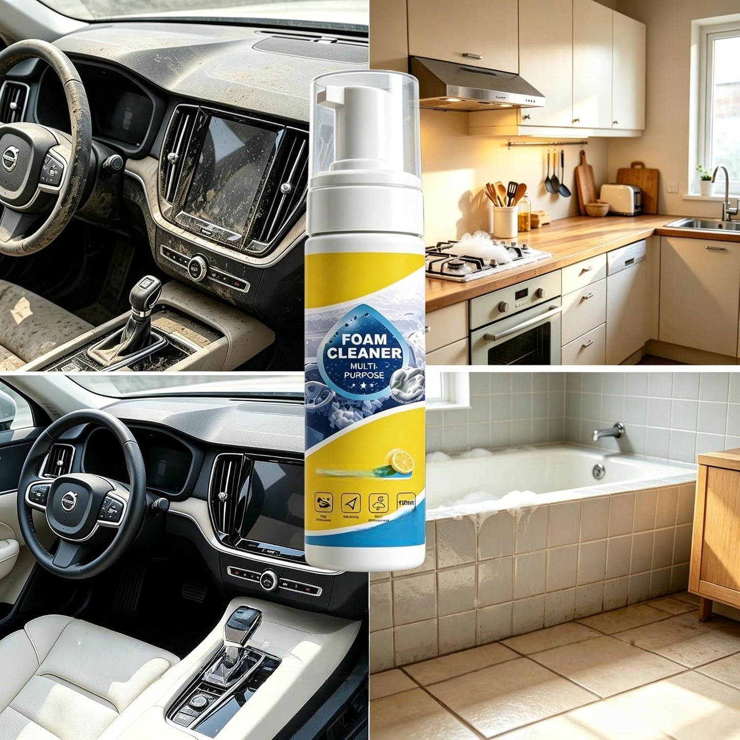 4-in-1 Multi-Enzyme Foam Cleaner, New Foam No-Rinse Cleaner, All Purpose Deep Cleaning Spray for Car Interior Kitchen Bathroom Sofa with Cleaning Sponge Towel(Regular, 2pcs)