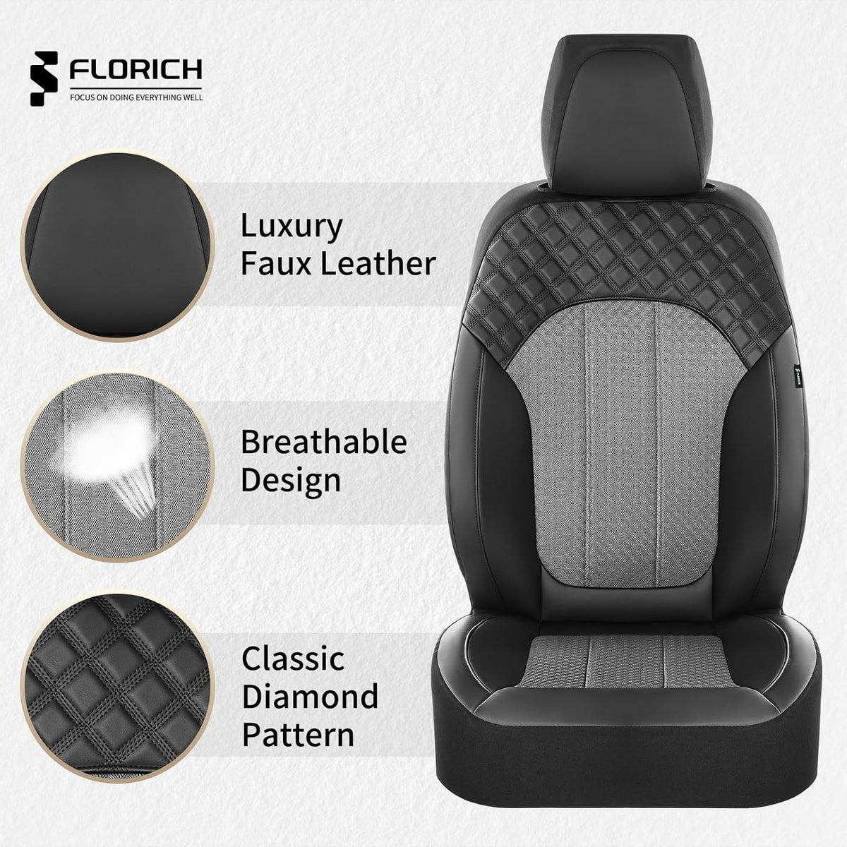 FLORICH Automotive Seat Covers 2 Seats Breathable Front Car Seat Cover Leather Air Mesh Car Seat Protector Cushion Airbag-Compatible Universal Fit for Most Car SUV Sedan Truck, Gray&Black