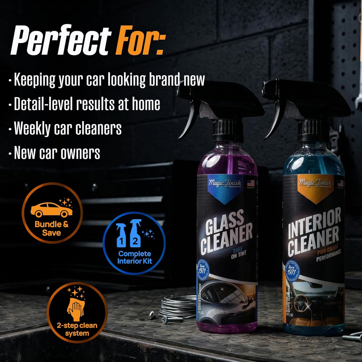 Magic Finish Vehicle Interior &amp; Glass Cleaning Spray Kit (16 fl oz Each) – Streak-Free Glass Cleaner + Car Interior Cleaner Spray – Tint Safe, Anti-Fog, Non-Greasy Finish, Complete Car Detailing Kit