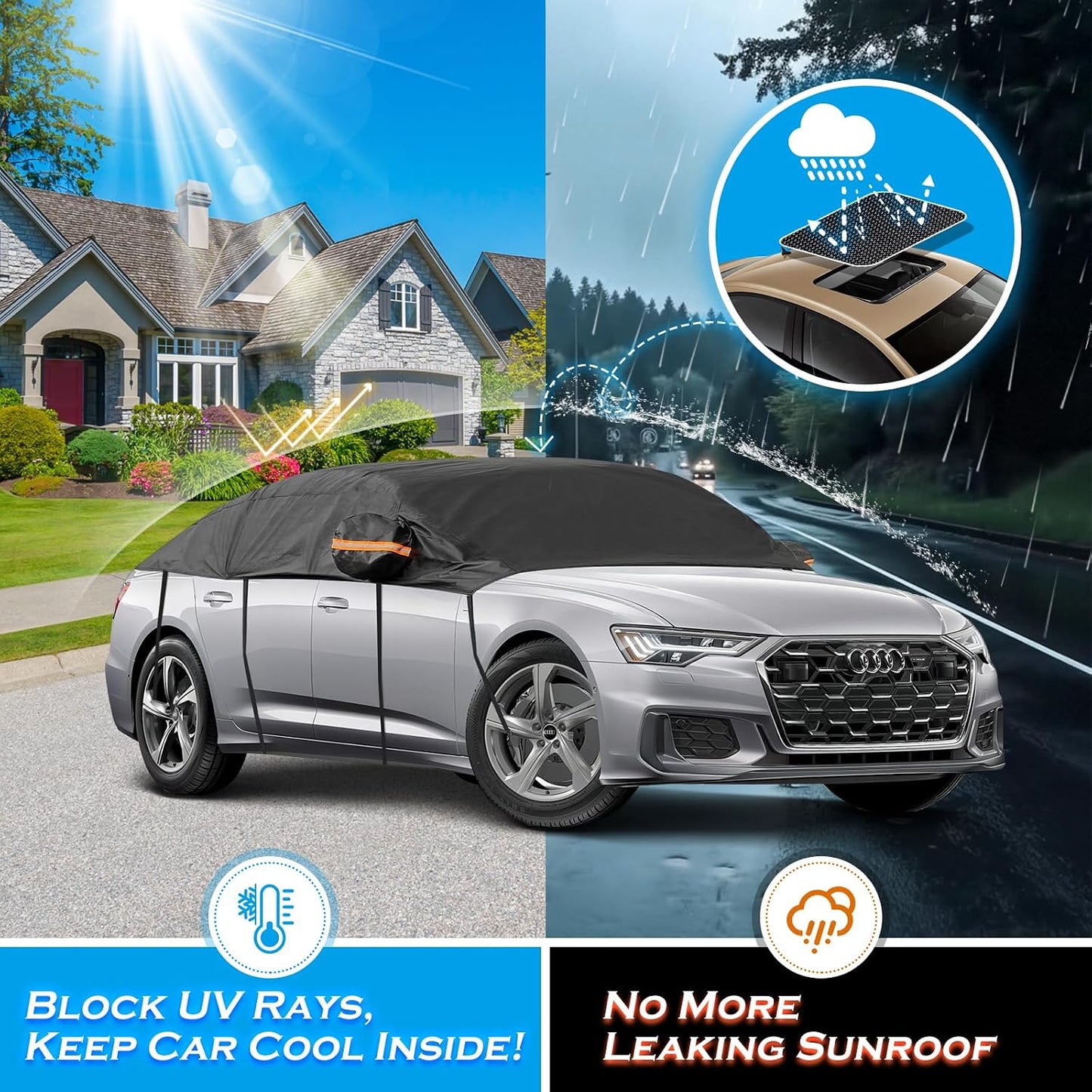 Half Car Cover Sedan, Sunroof Cover for Rain Snow with Reflective Strip, Car Winter Accessories Waterproof All Weather Protection, Fit Sedan 178-200 inch