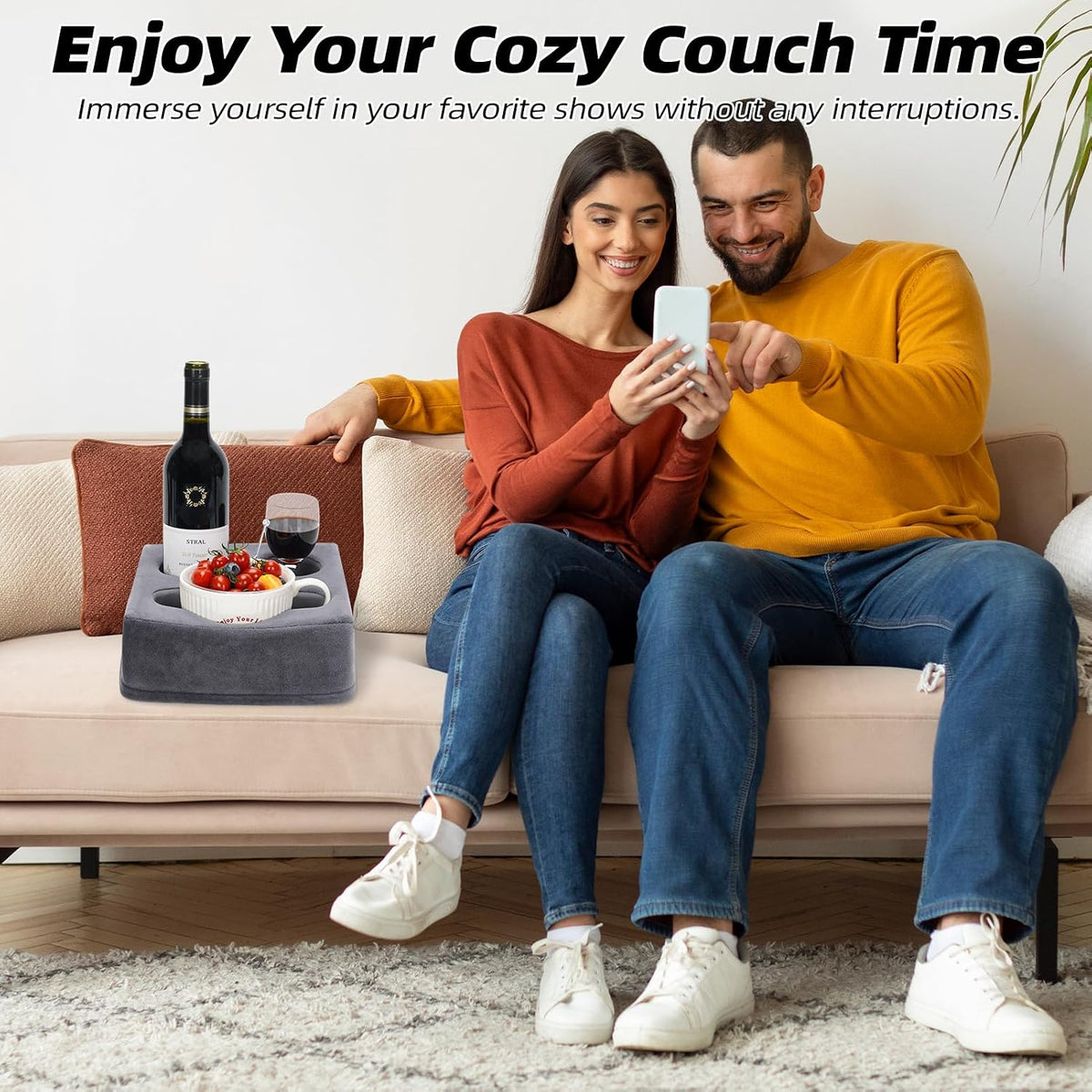 G GOOD GAIN Couch Cup Holder Pillow, Spill-Proof Sofa Drink Cup Holder & Multi-Use Organizer for Sofa, Bed, Car, Beach - Holds Mugs, Phone, Snacks, Remote Control, KeepTemp Design (Grey)