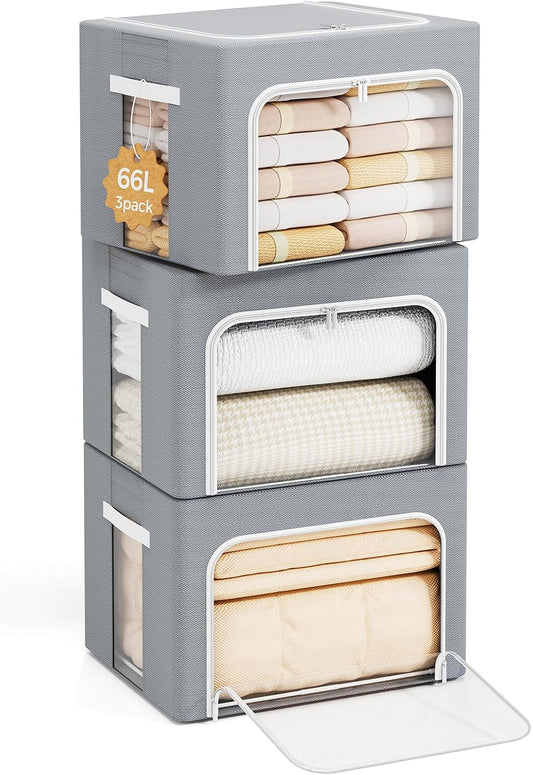 Yecaye 3-Pack 66L Clothes Storage Bins with Lid, Foldable Clothing Storage Bin with Clear Window, Stackable Storage Box for Closet, Fabric Zippered Organizer Container, Grey