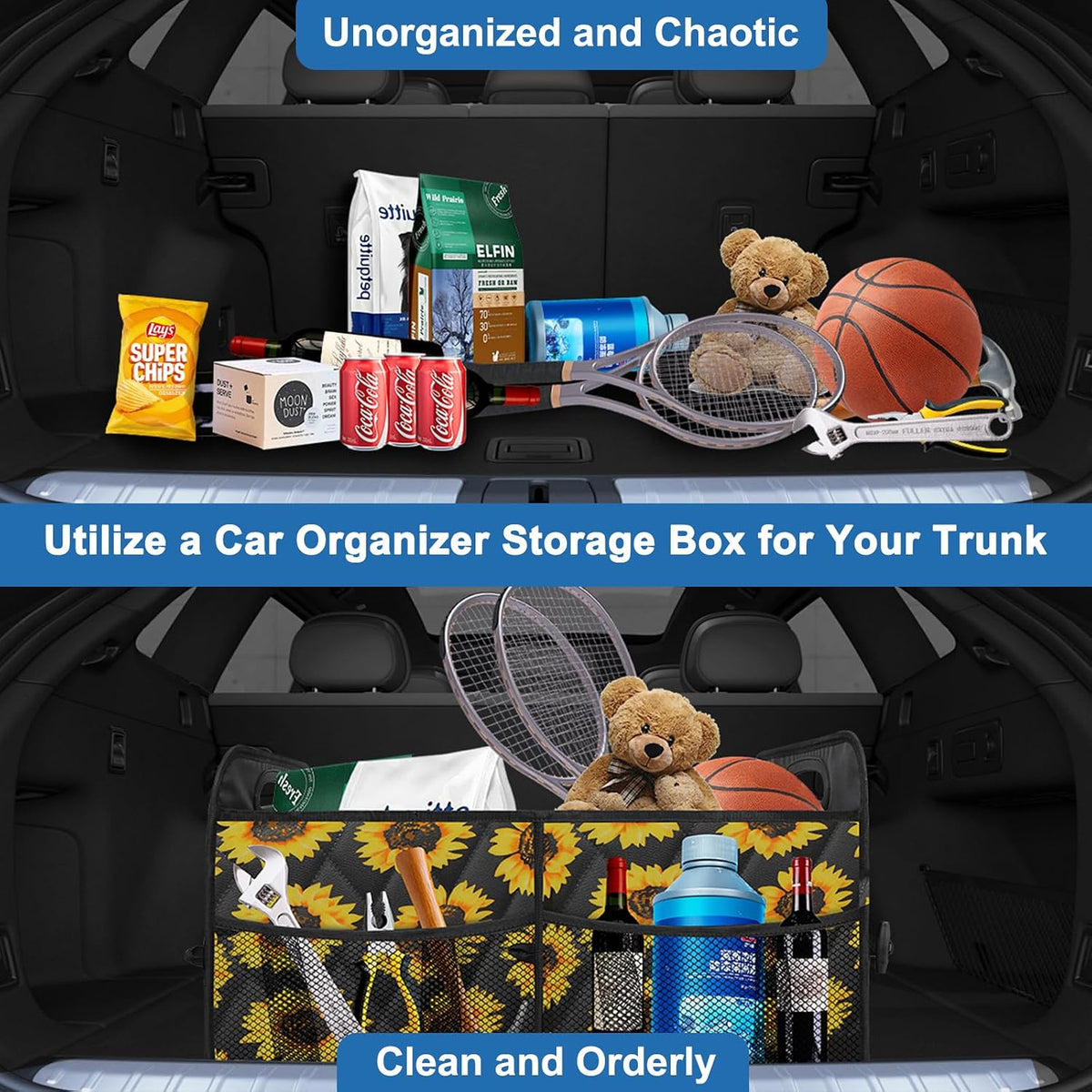 Olosar Collapsible Trunk Organizer - Portable SUV Car Accessories for Women/Men, Any Car, Mini-Van, Sunflower