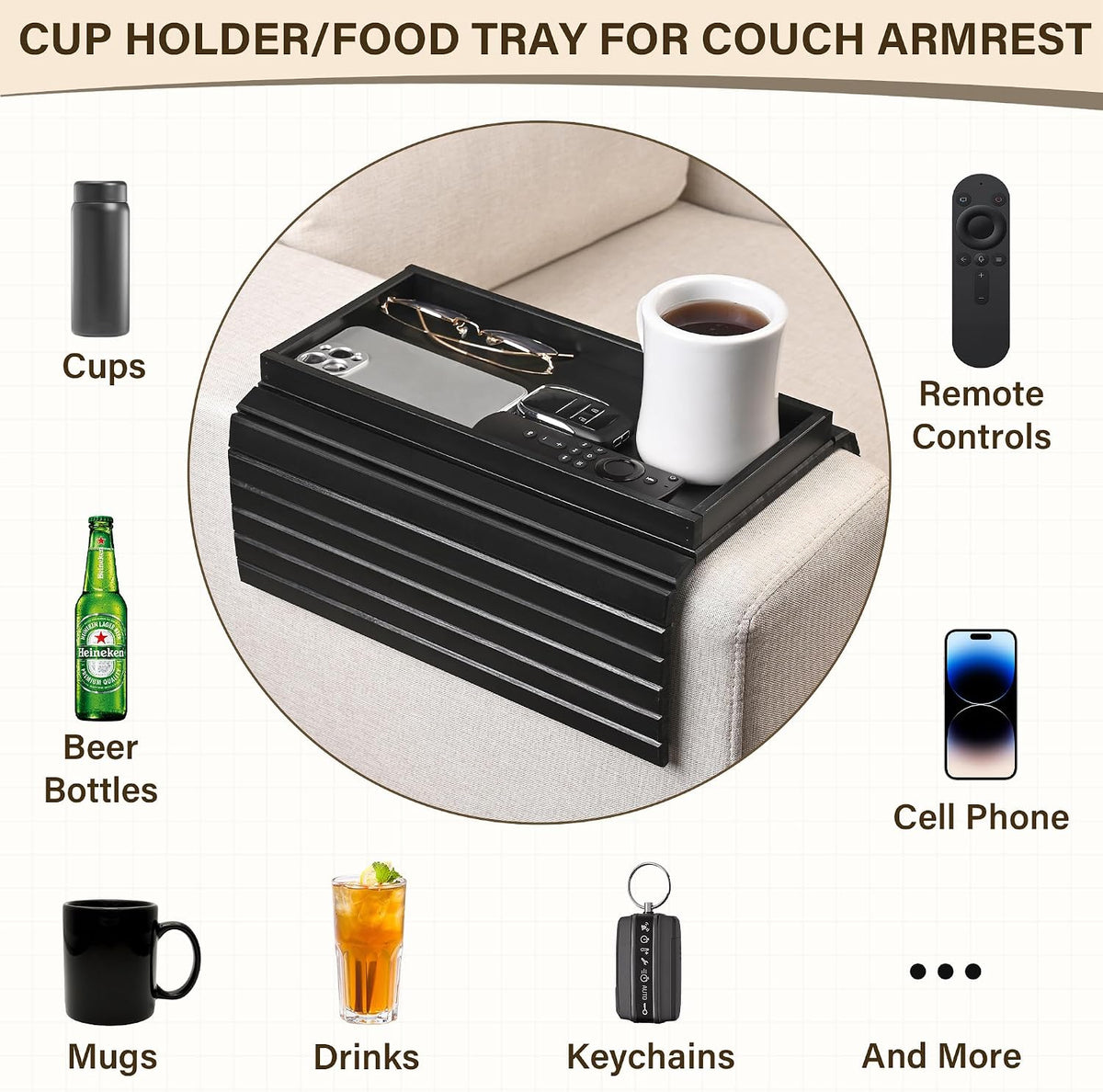 Bamboo Sofa Arm Tray, Anti-Dropping Couch Arm Tray, Foldable Sofa Armrest Tray Couch Arm Table for Eats, Drinks, Snacks, Remote, Cellphone, Cup Holder, Back Anti-Slip Pad Design