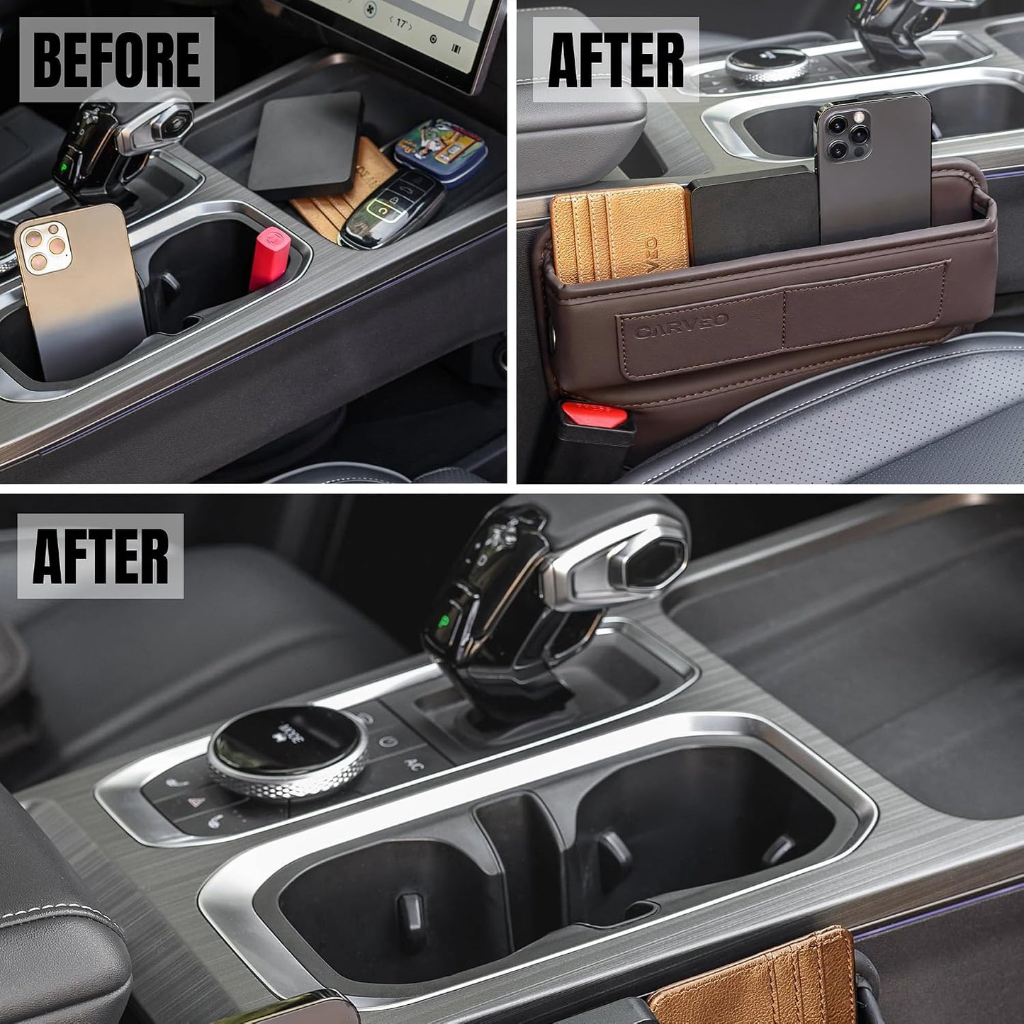 Car Seat Gap Filler Organizer with Charging Hole, In Between Car Seat Catcher for Car, Truck, SUV, Premium PU Leather Interior Accessories, Console Organizer for Phone, Keys and Small Items – Brown