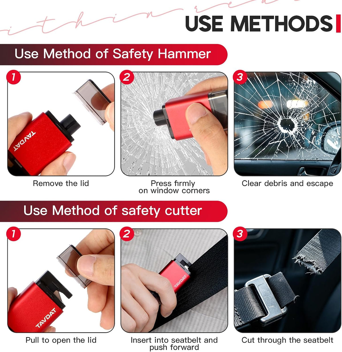 2-in-1 Car Emergency Escape Tool, 2026 Upgraded Safehammer Window Breaker with Seatbelt Cutter, Underwater Usable Glass Breaking Safety Accessory, Fixed on Car Seatbelt，Red，1PCS