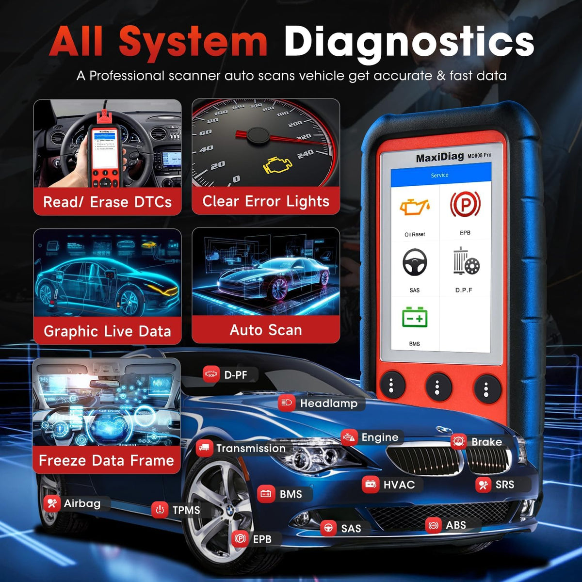 Autel MaxiDiag MD808 PRO OBD2 Scanner, All System Diagnostic Scan Tool