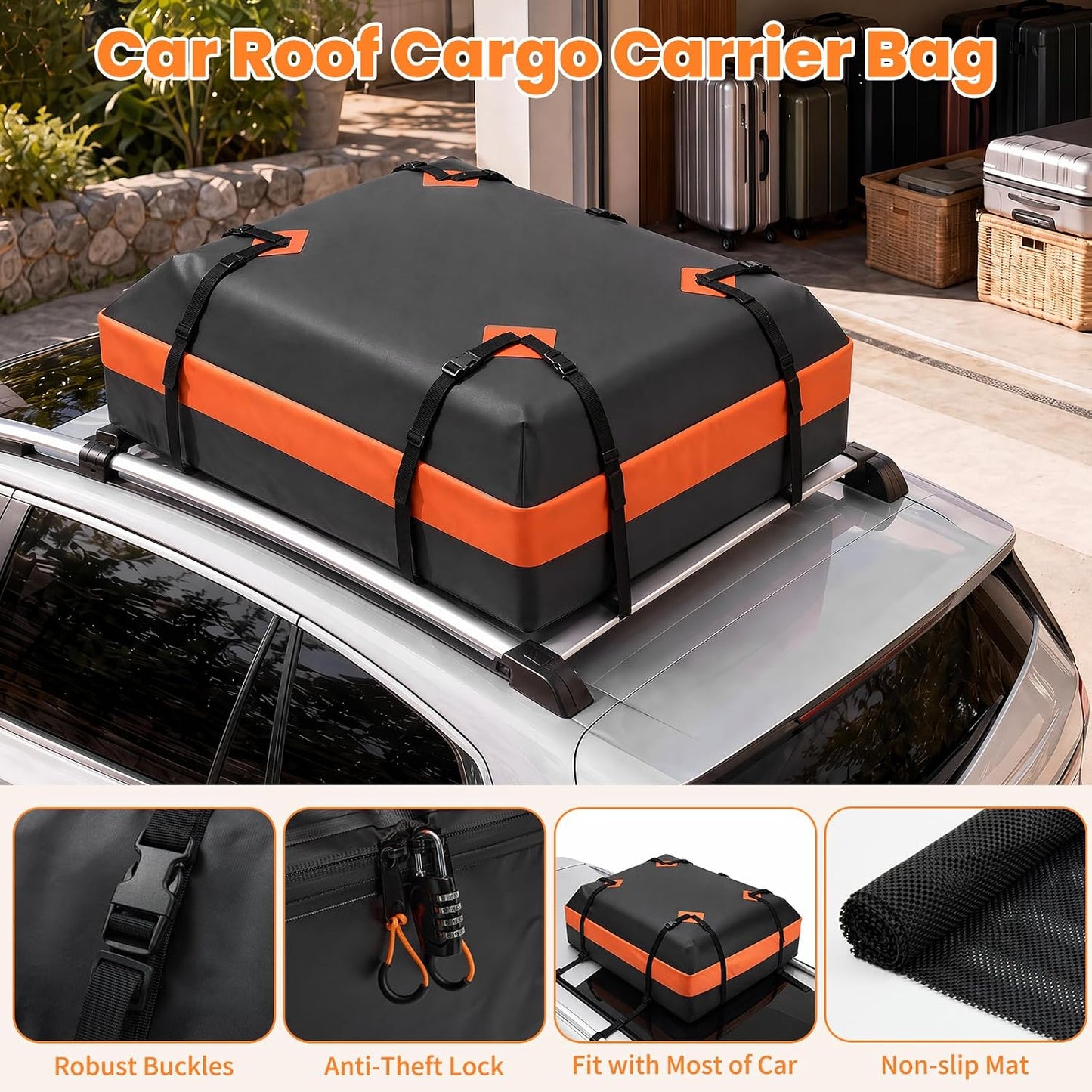 15 Cubic Feet Heavy Duty Waterproof Car Rooftop Cargo Carrier Bag | for All Vehicles with/without Rack, Includes Anti-Slip Mat, Reinforced Straps, Door Hooks, Storage &amp; Luggage Lock