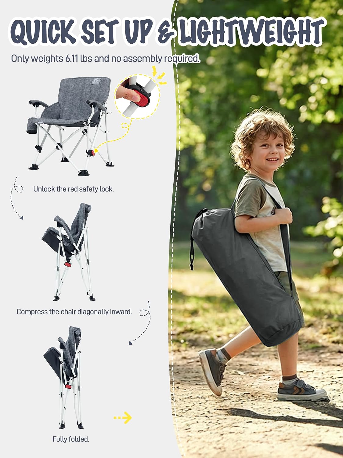 EVER ADVANCED Kids Camping Chairs with Cup Holder, Padded Folding Camping Chair Outdoor with Safety Lock, Carry Bag, Lightweight Portable Camp Chairs for Beach, Balcony, Patio, Supports 150lbs, Grey