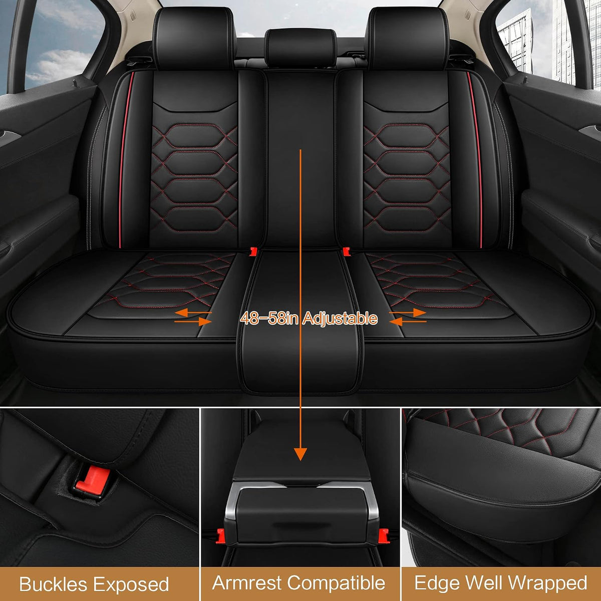 Pariitadin Leather Car Seat Covers Full Set, Waterproof Faux Leather Seat Covers for Cars, Non-Slip Car Interior Covers Universal Fit for Most Cars Sedans Trucks SUVs, Black/Red