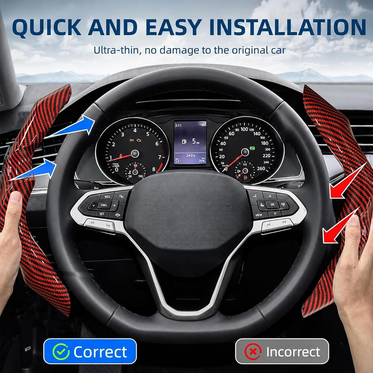 Carbon Fiber Steering Wheel Cover 2PCS Segmented Clip-on Protector (Red)