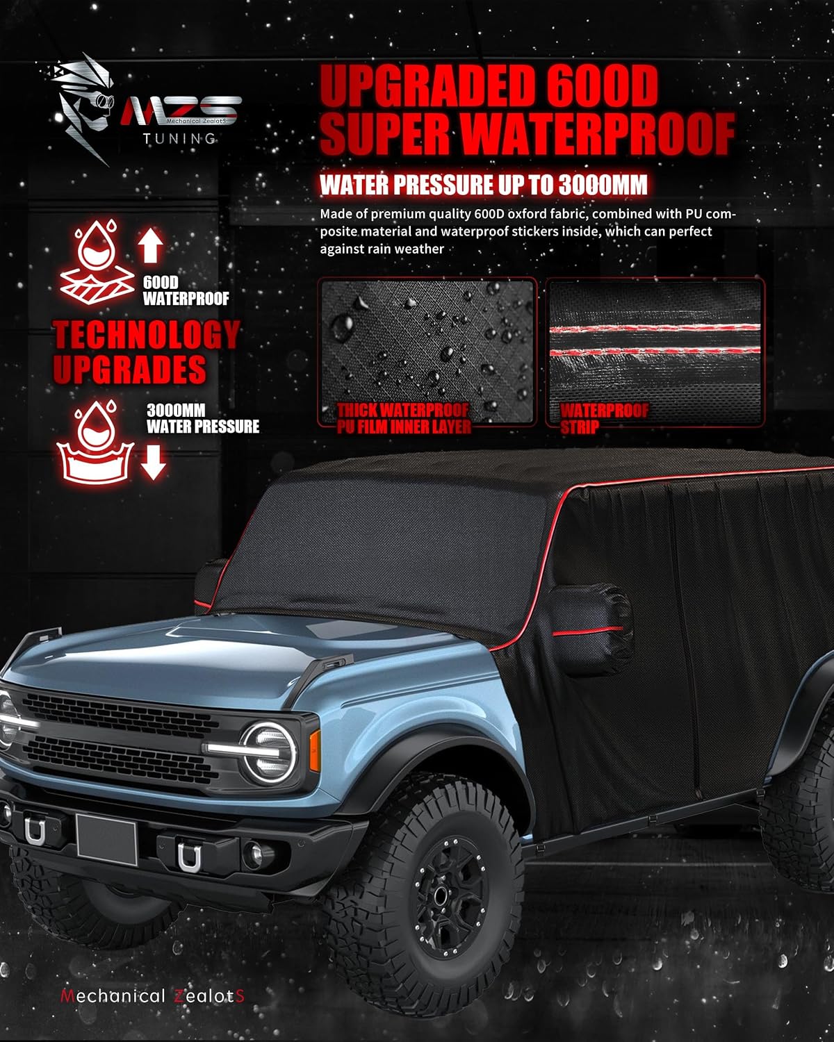 MZS Cab Cover Compatible with Bronco 4 Door 2021-2026, 600D Waterproof Bronco Cover with Driver Door Zipper 8 Gust Hook Car Half Cover Windproof Sun Snow Rain Scratch Protection