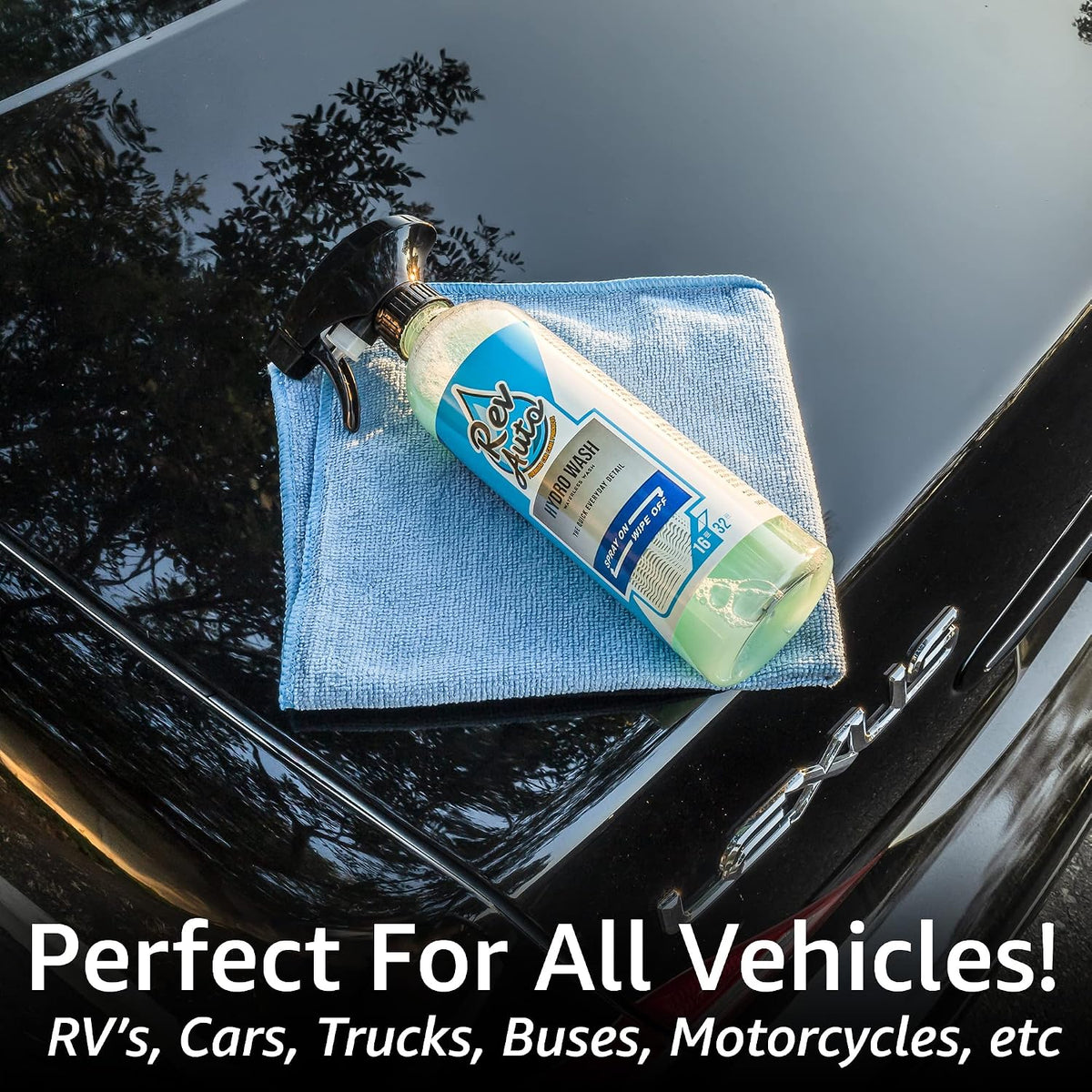 Rev Auto Waterless Car Wash Kit - Cleans Vehicles Without Water Source/Includes Two 16oz Waterless Wash Spray Cleaner and Microfiber Towels | Car Exterior Cleaner | No Rinse Car Wash Cleaning Spray
