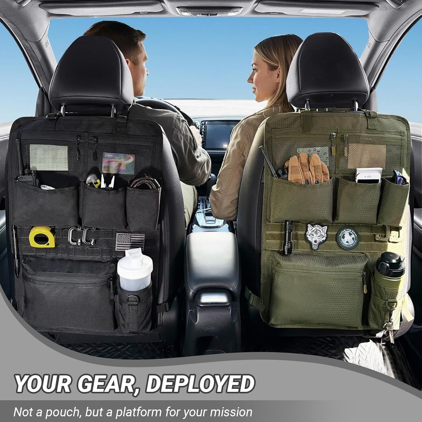 Tactical Car Seat Organizer with Multiple Pockets, MOLLE Panel System & Mesh Compartments, Durable Nylon Universal Vehicle Seat Back Storage with Cup Holder, Water-Resistant (Army Green)