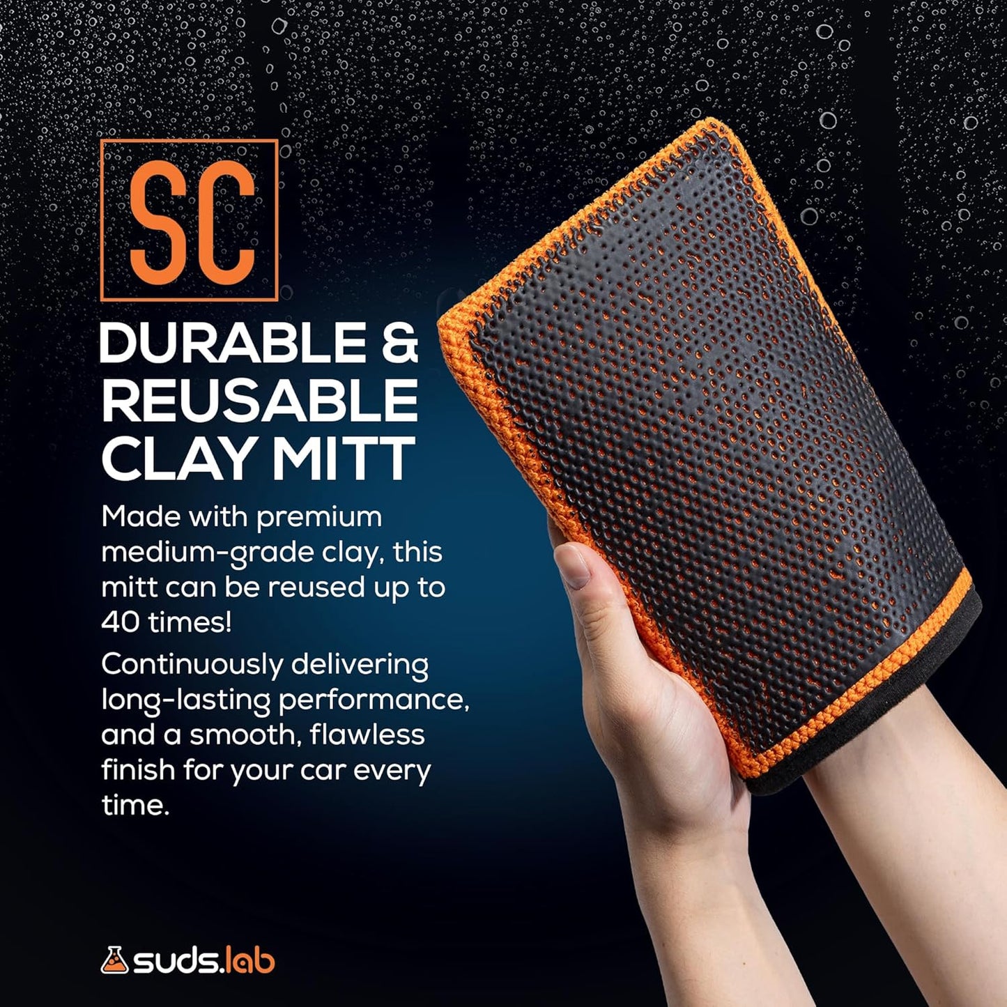 Suds Lab SC Synthetic Clay Mitt for Car Detailing – Reusable Clay Bar Mitt to Remove Paint Overspray, Water Spots, Tree Sap & Rail Dust from Paint, Glass & Plastic