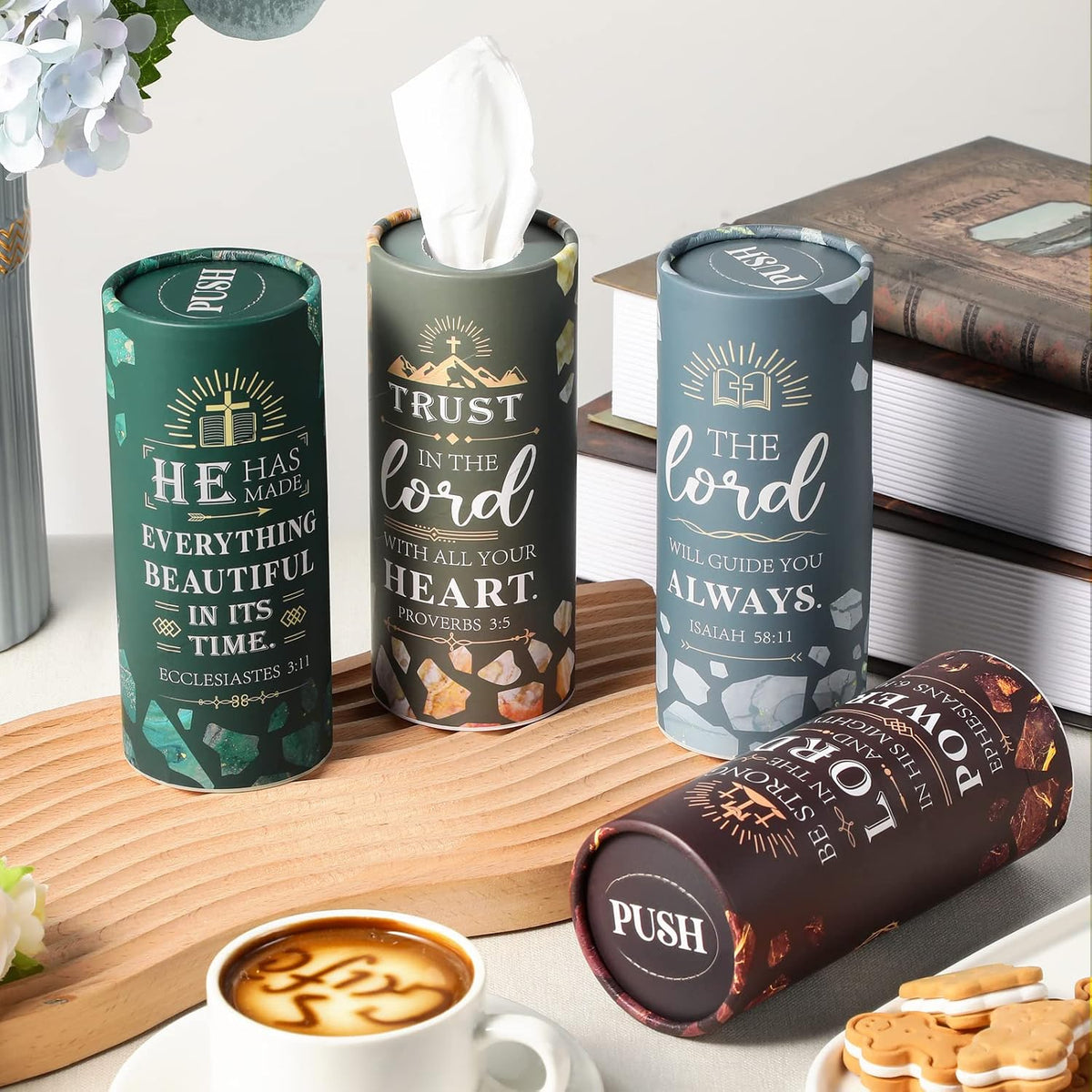PerKoop 8 Pcs Car Tissue Holder Christian Verses Cylinder Boxes with Facial Tissue Bulk Religious Disposable Round Bible Napkins for Women Teacher Prayer Nurse Mother's Day Holiday Supplies Gifts