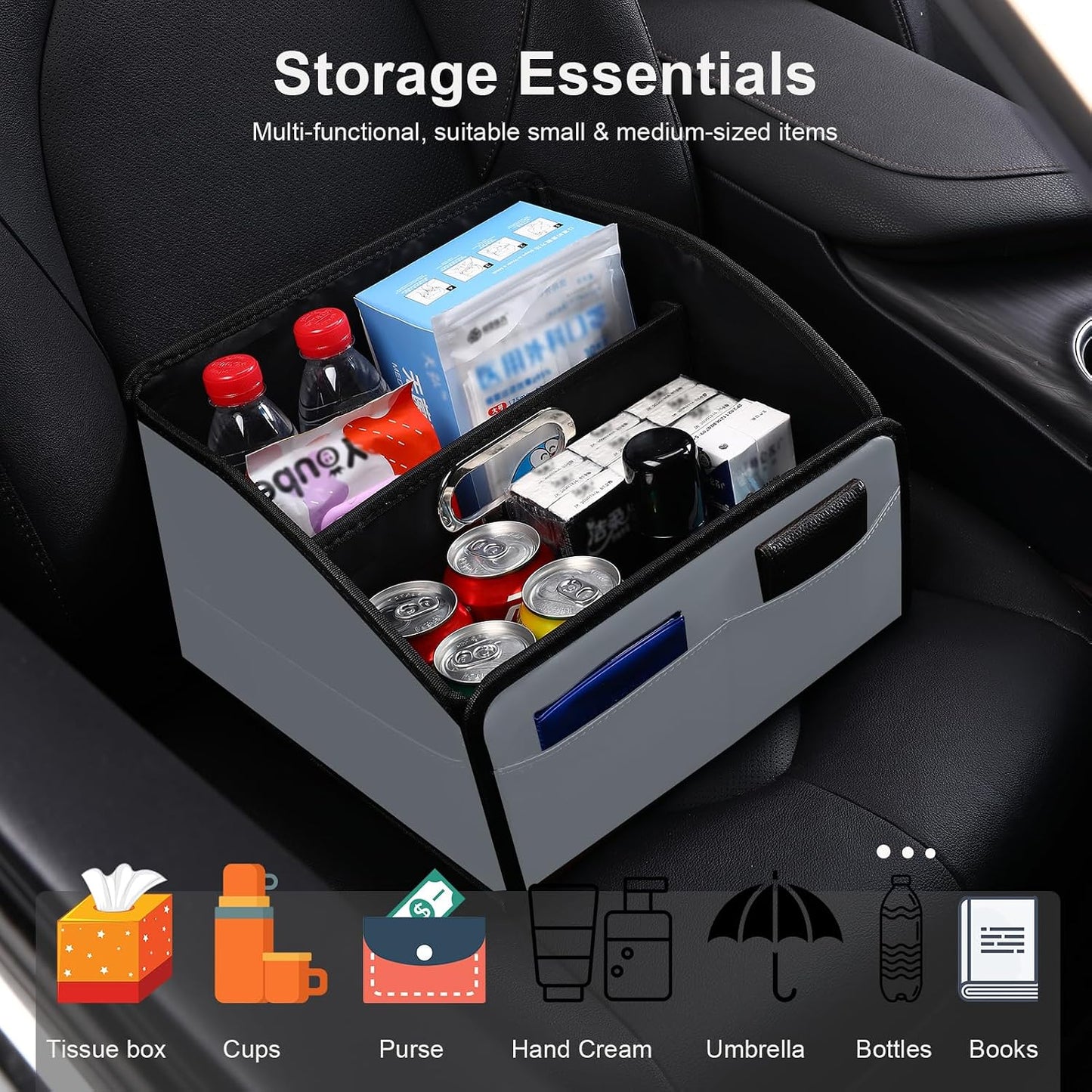 Car Storage Organizer [2025 UPDATED] Leather Car Caddy Basket for Front Seat Floor Back Seats Metal Handle 6 Compartments Adjustable Strap Buckles Slip-Resistant (Gray)