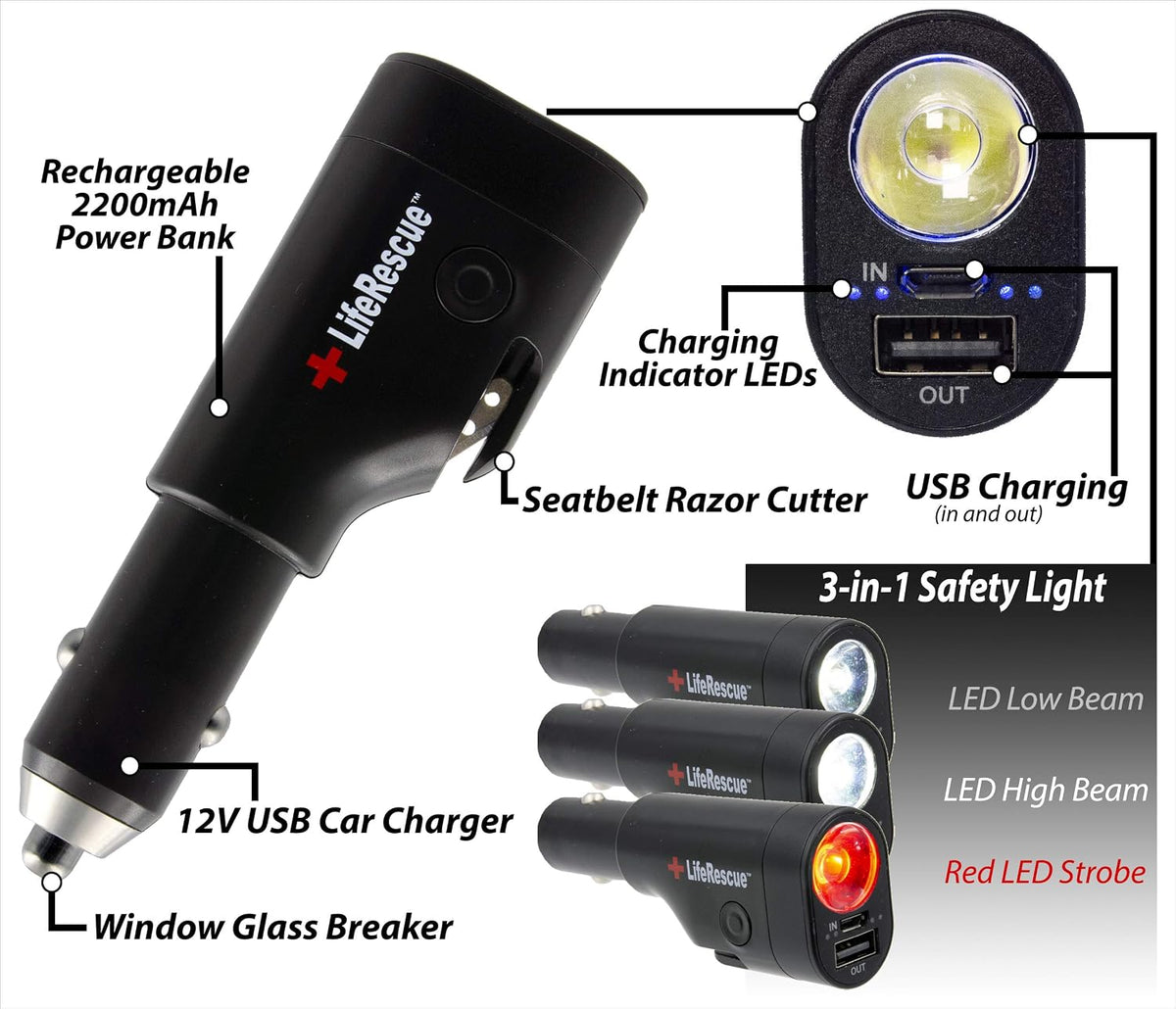 6 in 1 Auto Emergency Extraction Tool and LED Emergency Light - Seat Belt Cutter, Auto Glass Breaker, 3-Mode Security Flashlight & 2200 mAh Power Bank…