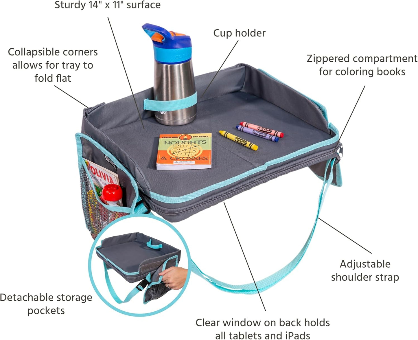 J.L. Childress 3-IN-1 Kids Travel Tray & Tablet Holder - Car Seat Lap Tray Desk for Toddlers, Road Trip Essentials, Car Seat Activity Table, Travel Accessories - Grey/Teal