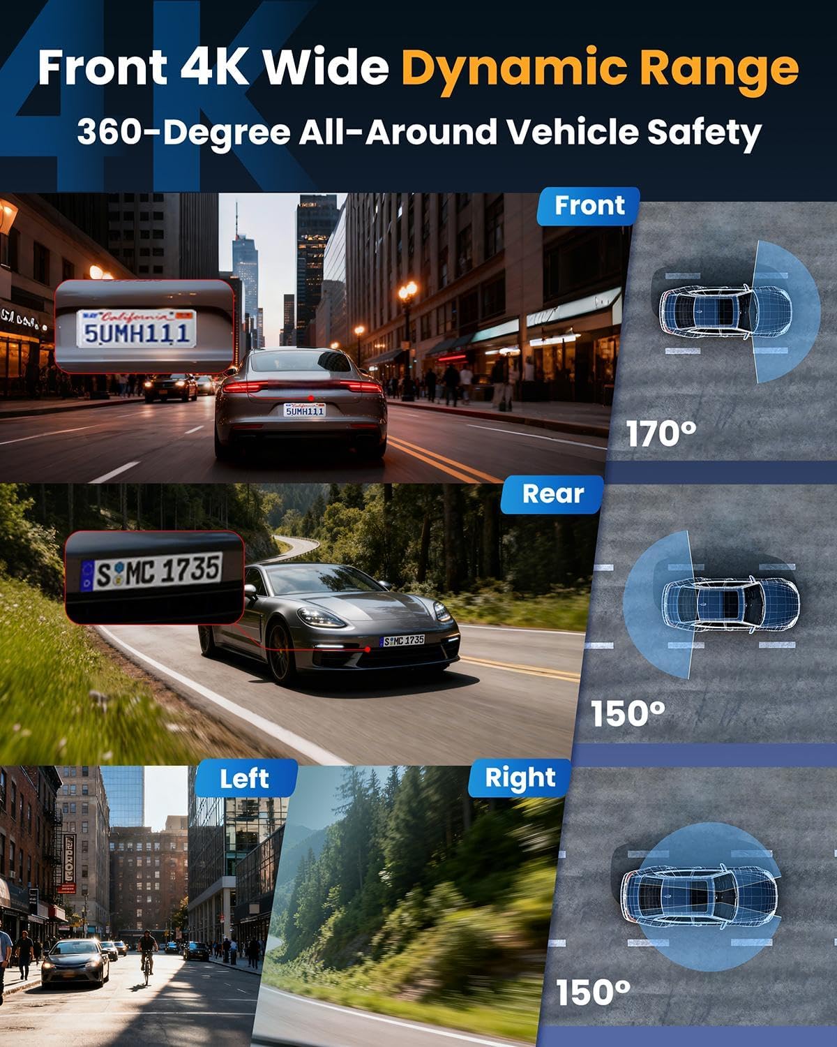 4K Dash Cam Front and Rear, WiFi Dash Camera for Cars with App