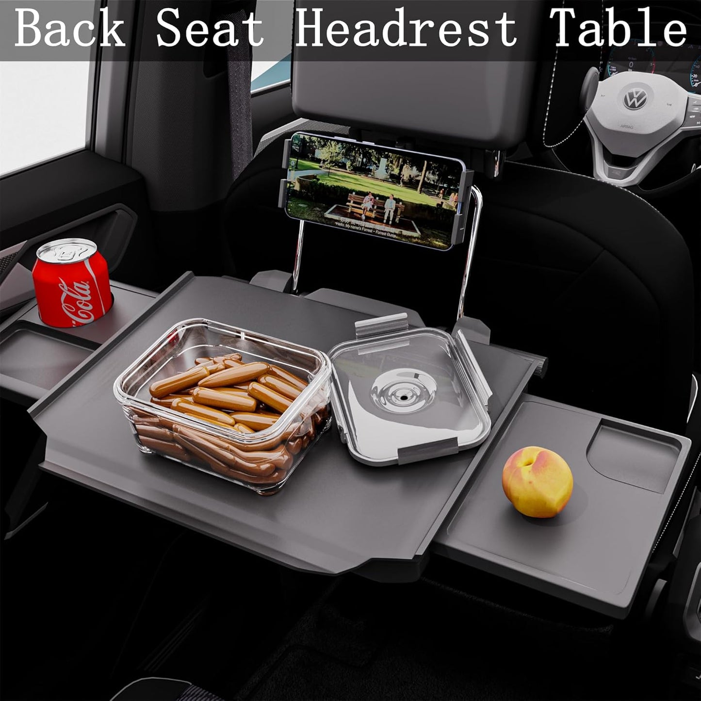 HZGAMER 2-in-1 Large Car Steering Wheel Tray & Backseat Headrest Table, Adjustable Laptop Desk with Phone Holder and Extendable Side Trays for Eating, Writing, SUVs and Trucks, Black
