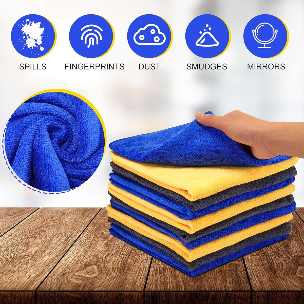 Nuenen Car Microfiber Clean Cloths, Yellow,Gray,Blue, 16 x 16 Inch, 60 Pcs