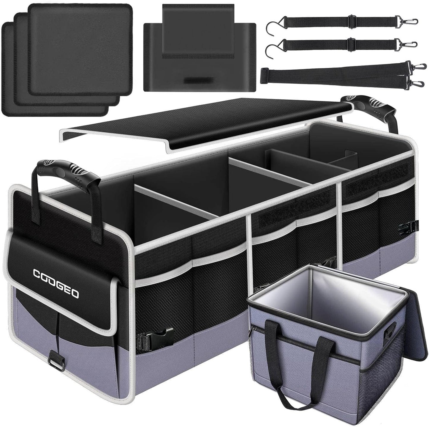 Car Trunk Organizer with Portable Leak Proof Cooler Bag, 3 Compartments Collapsible Car Organizers and Storage with Foldable Cover, Fathers Day Dad Gifts, Suitable for SUV, Auto, Truck, Minivan