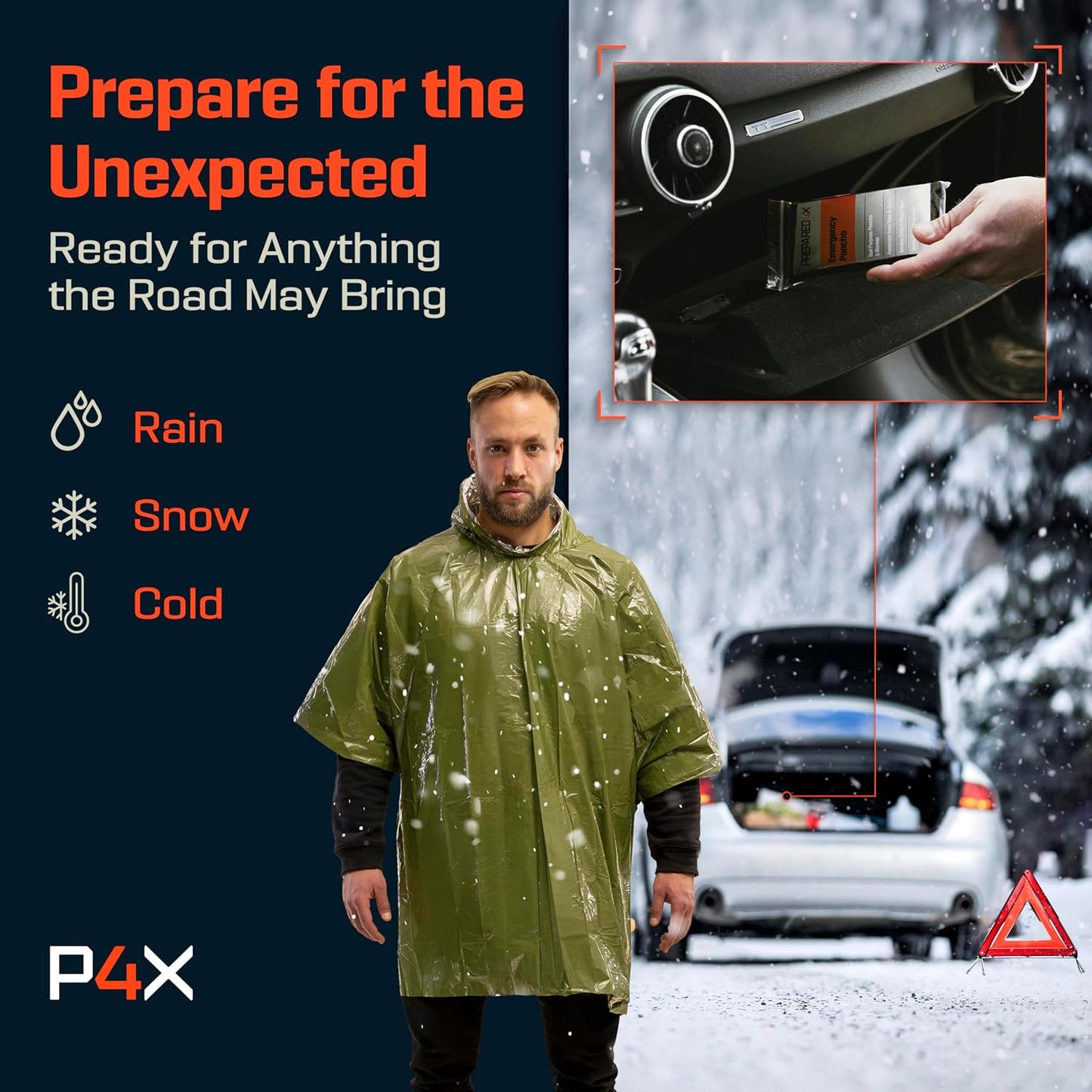 PREPARED4X Emergency Mylar Poncho – Survival Rain Poncho with Hood – Lightweight, Compact, Reusable Emergency Blanket Poncho for Hiking, Camping, Thermal Gear, Car Kit, Outdoors