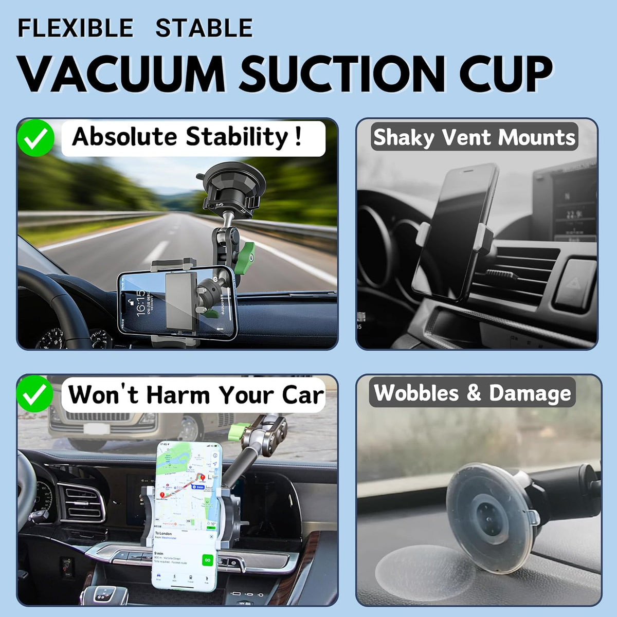 Car Phone Holder-Phone Mount for Car Windshield & Truck-Holder with 360° Rotating Metal Arm-Mount with Super Stable Suction Cup for All Vehicles