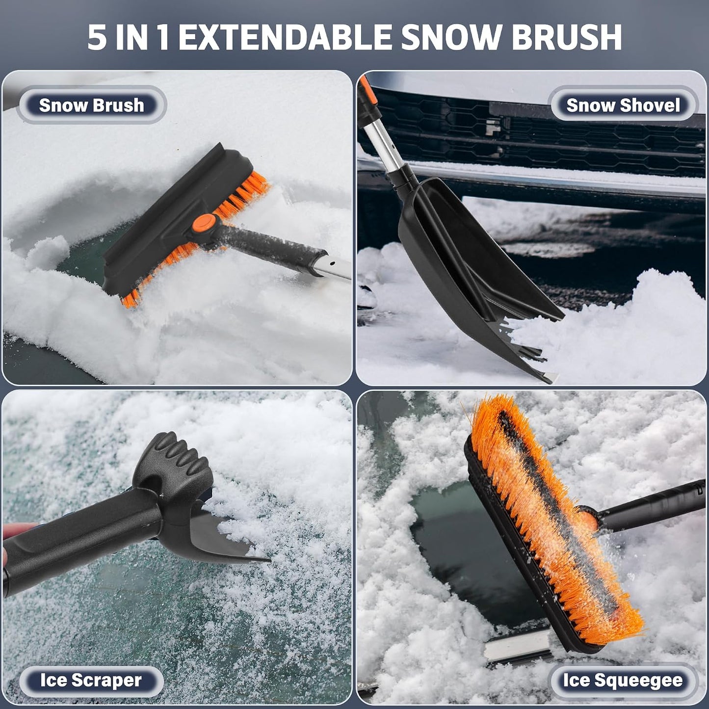 5-in-1 Extendable Snow Shovel and Ice Scraper for Car, 31"-40" Snow Brush with Squeegee, Pivoting Brush Head & Foam Grip for Windshield, Truck, SUV