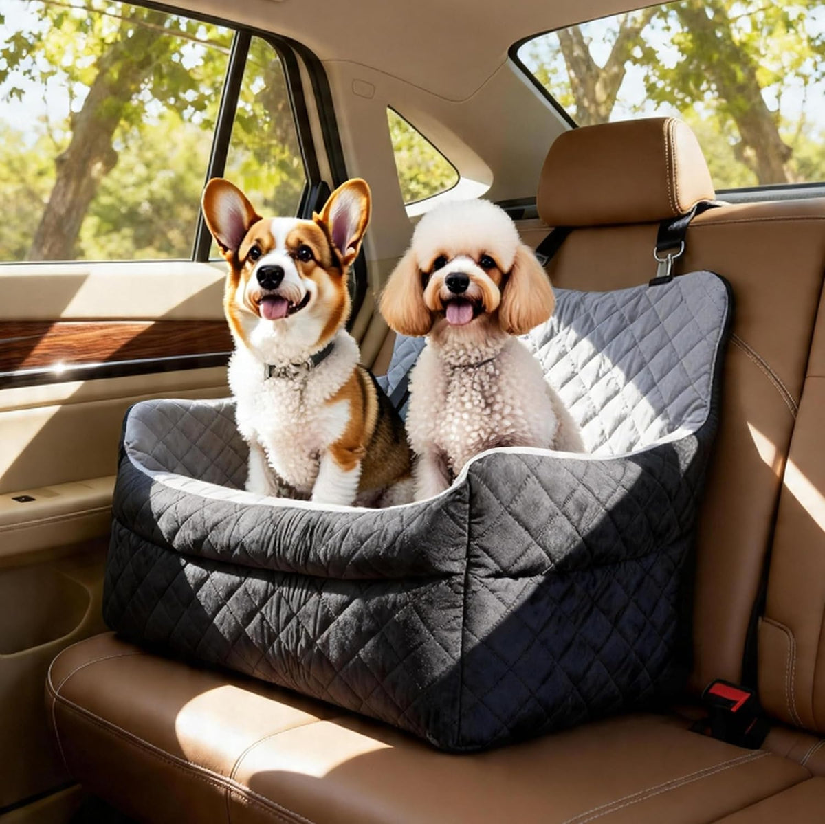 Medium & Large Dog Car Seat/Booster, Up to 55 lbs, with Safety Leash, Comfortable Travel Bed, Removable Washable Cover, Storage Bag for Convenient Car Travel