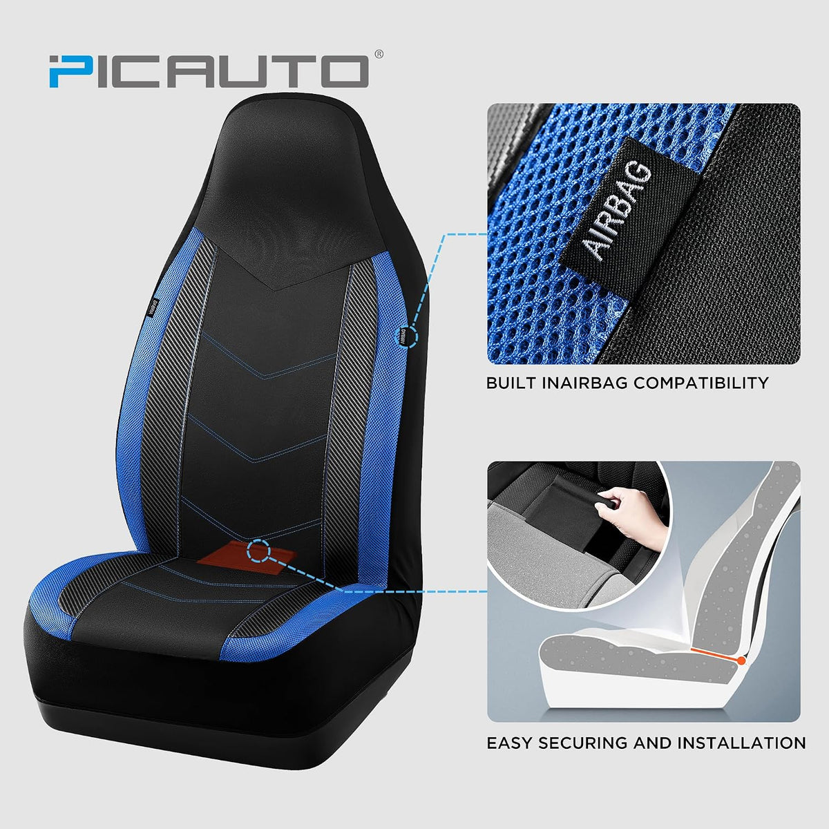 PIC AUTO Car Seat Covers - High Back Front Seat Covers, Sports Carbon Fiber Mesh Design, Universal Fit, Airbag Compatible (Blue)