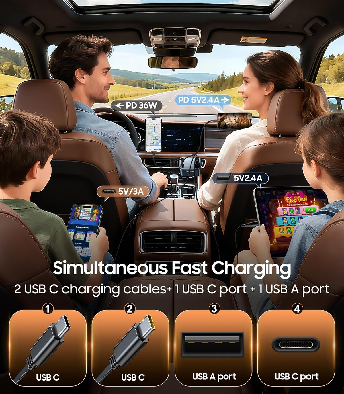 Temdan Retractable Car Charger,75W Fast Charger USB C Car Truck Accessories