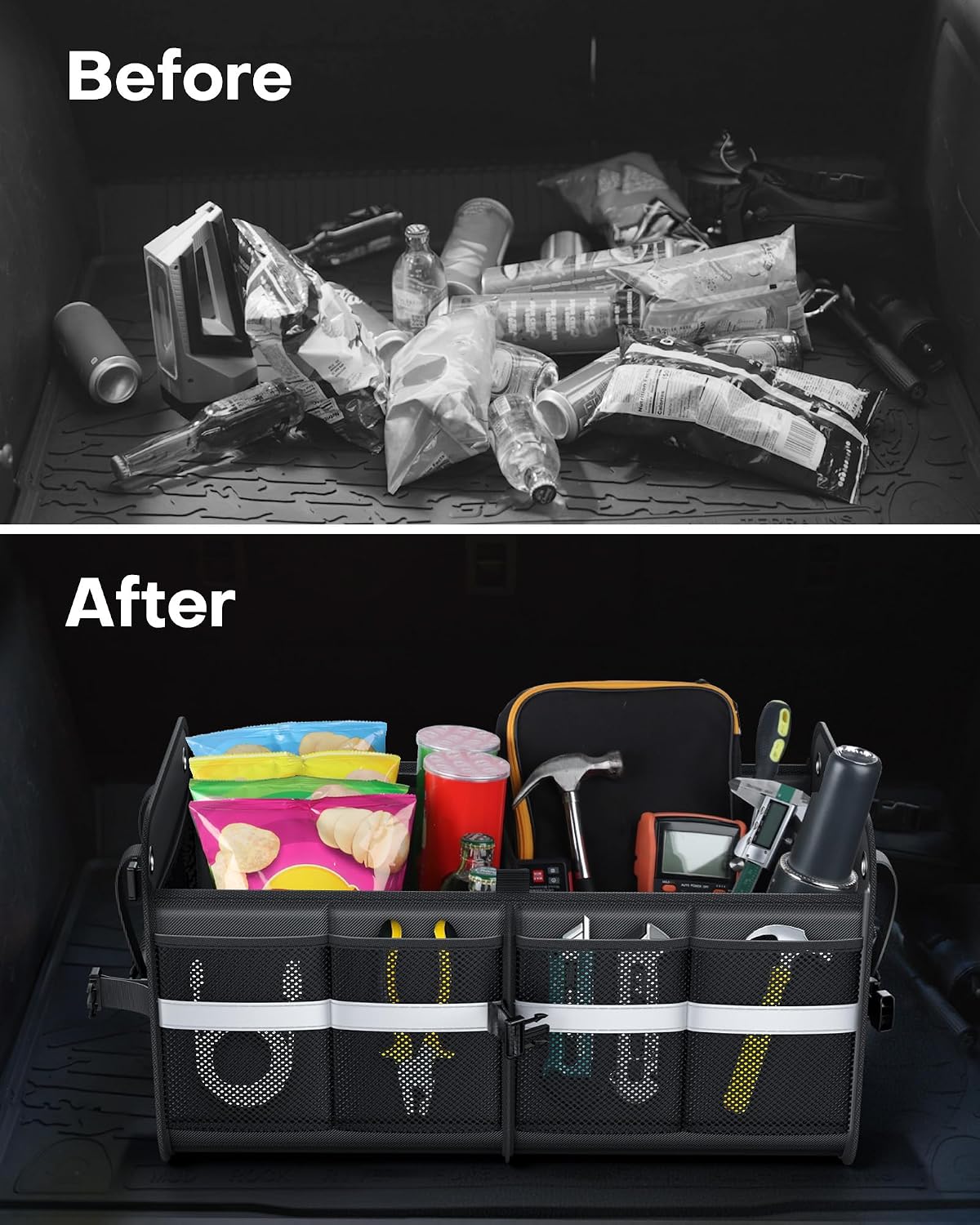 HOTOR Trunk Organizer for SUV – Car Storage Box with Reflective Strips, Collapsible Car Organizer with Large Capacity, Essential Car Accessories for Truck, Van & Sedan, Black, 22.1" x 13.0" x 12.0"