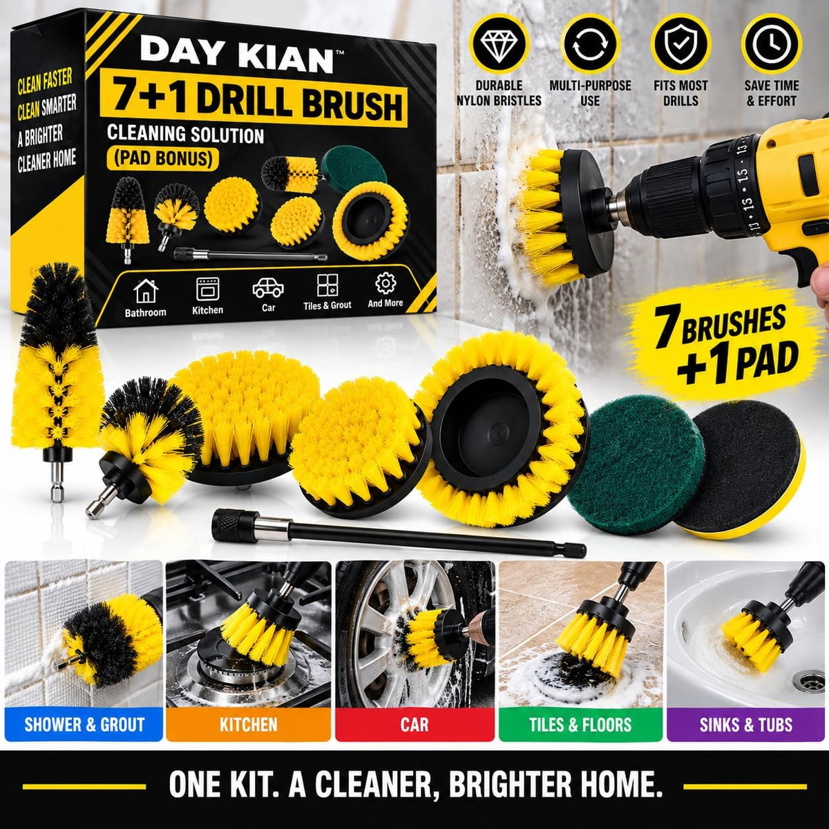 Drill Brush Cleaning Solution Kit - 7 Brushes + 1 Scrub Pad, Power Scrubber for Bathroom, Kitchen, Tiles & Car Cleaning