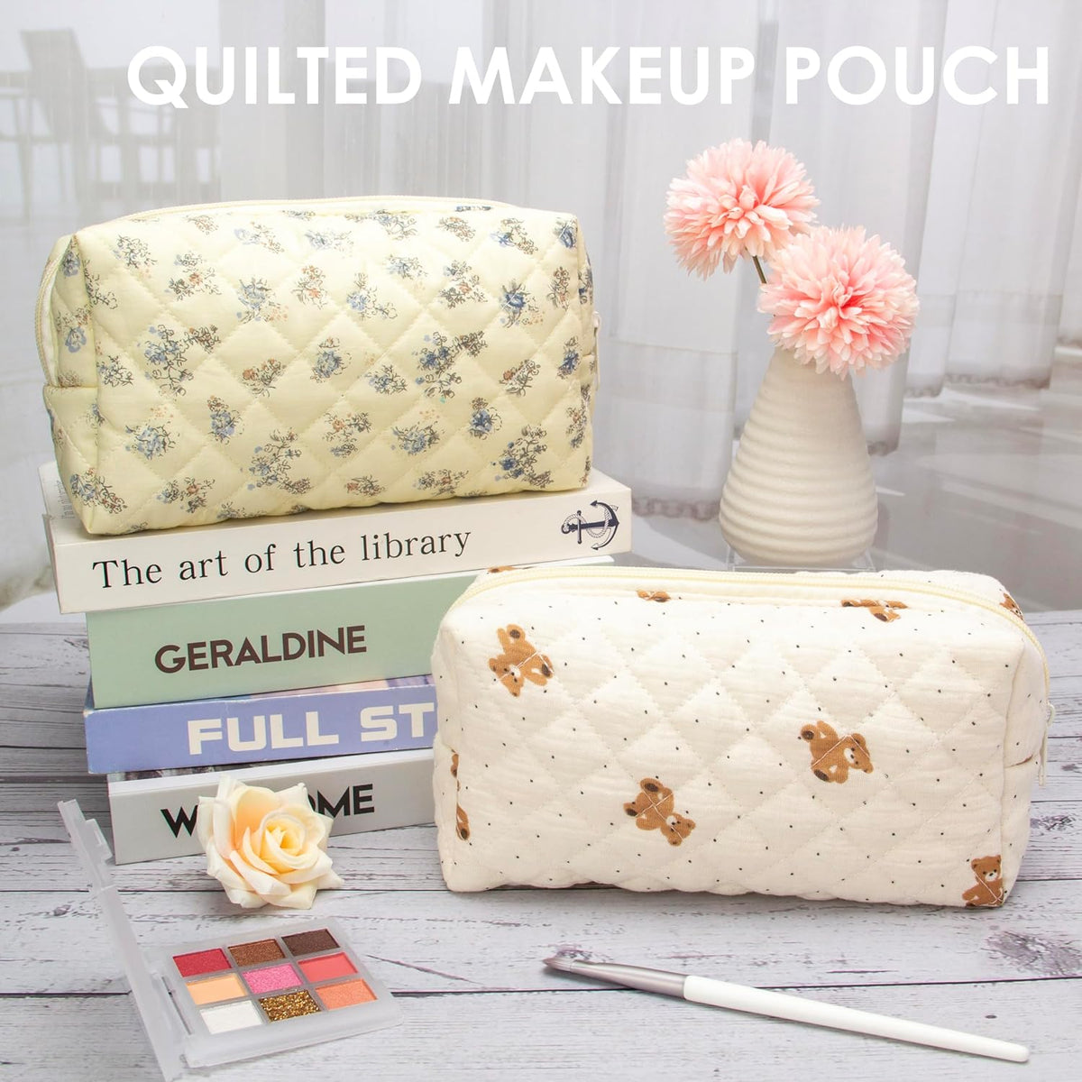 PAZIMIIK Small Quilted Makeup Bag,Zipper Cosmetic Pouch,Gauze Bear,6 Pack