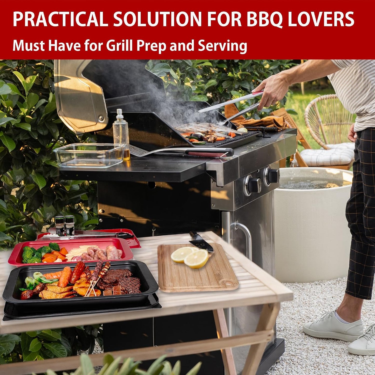 Deep Grill Carry System with Lids, Cutting Board, Tong, Gift Ready BBQ Carry Tray for Prepping, Marinating and Serving, Diswasher Safe, Nesting Platters Black in Red