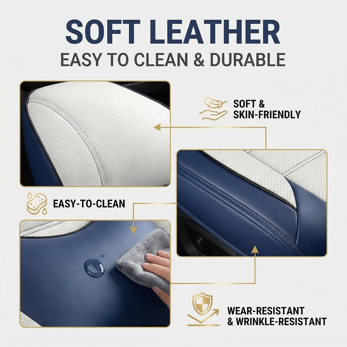 YQ FU Leather Seat Covers Blue White Full Set w/ 2 Pillows Universal 2 Row